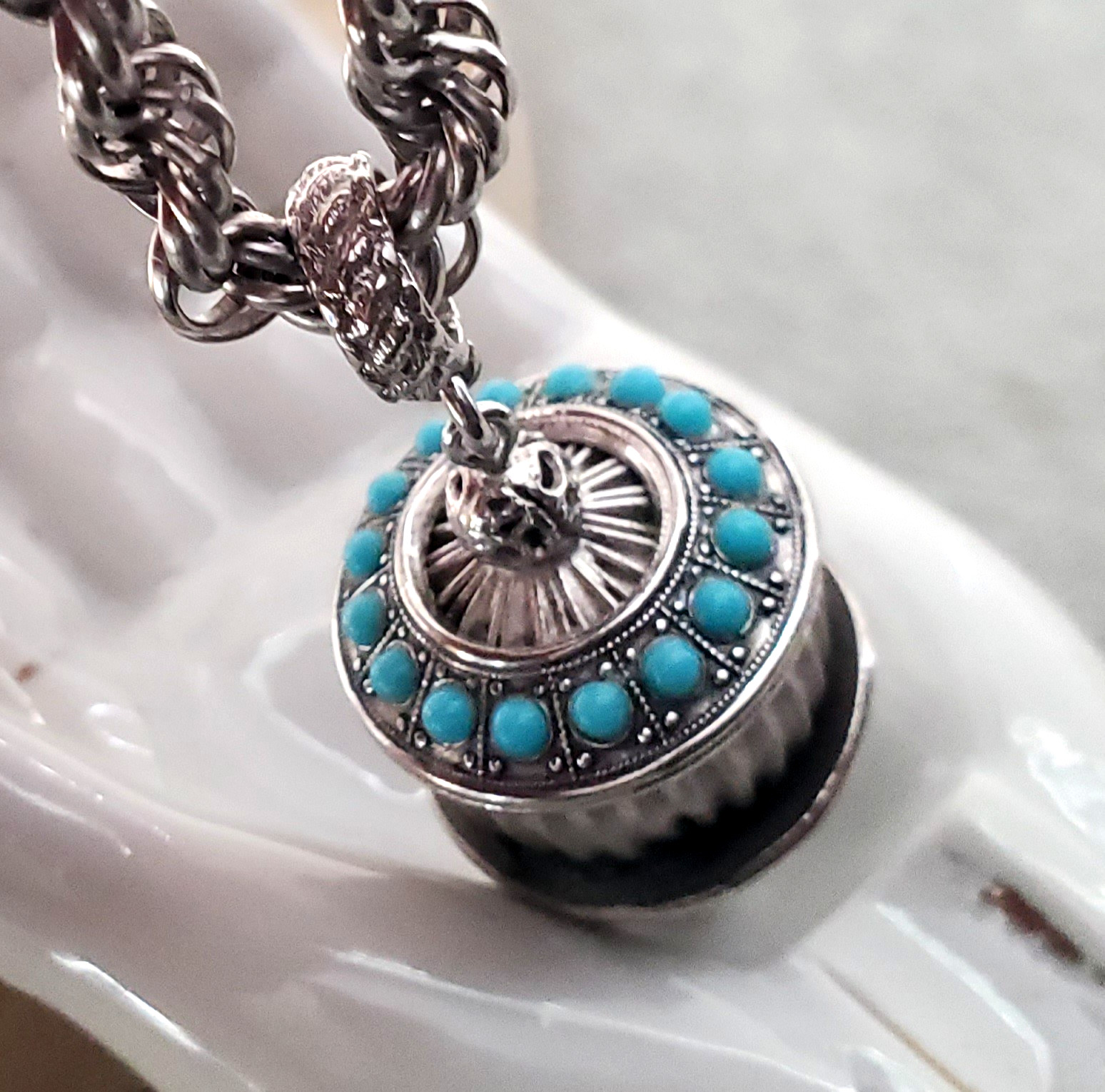Vintage Victorian Revival Lantern Tassel Turquoise Glass Pendant Necklace