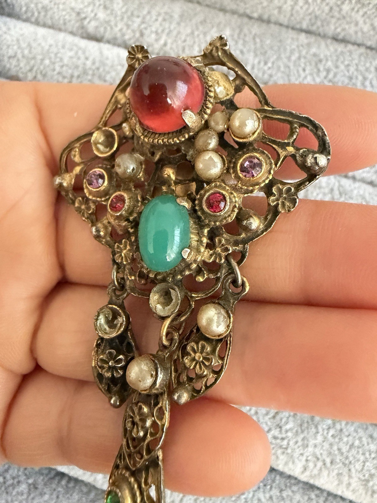 Vintage Filigree Dangle Clip Brooch Faux Pearls Cabochons Rhinestones AS IS