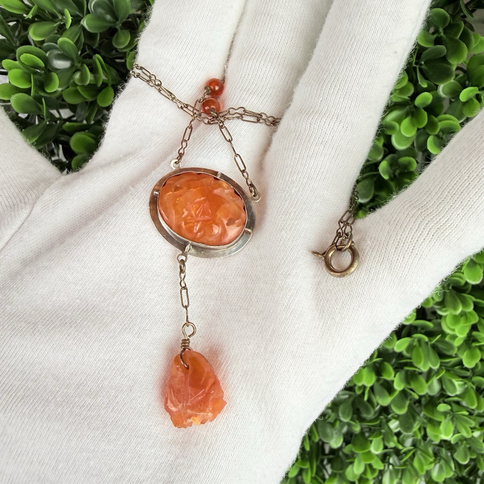 Antique Vintage Carved Carnelian Silver Pendant Necklace Art Deco