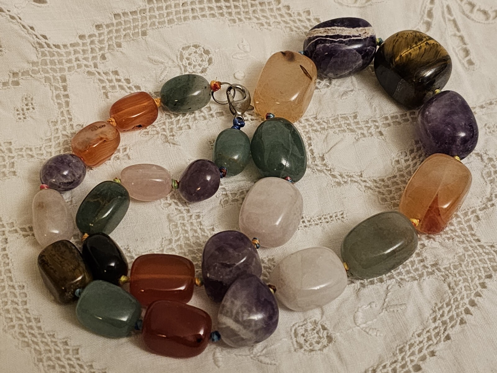 Vintage Natural Carnelian Agate Jade Aventurine Tiger’s Eye Bead Necklace