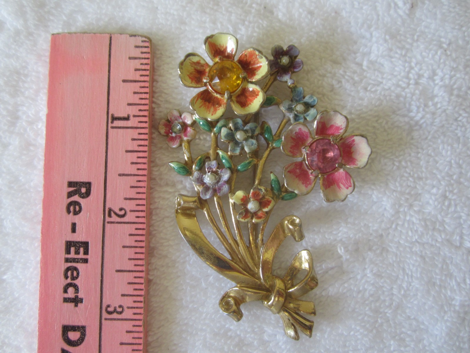 1942 Coro Brooch By A. Katz Bouquet Of Multi Color Enamel Flowers Faux Pearls