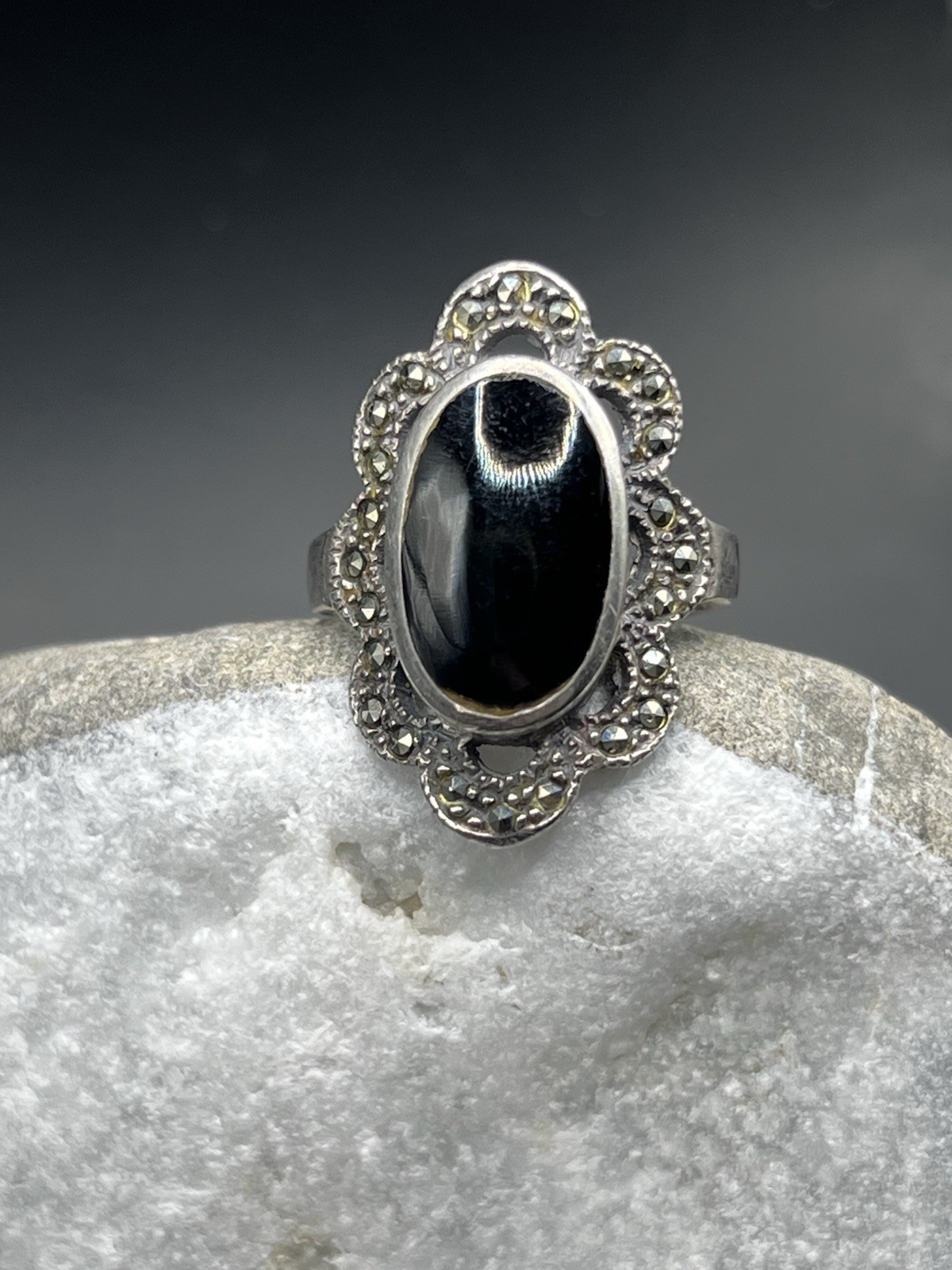 Vintage USSR 925 Silver Ring Black Stone Jewelry Size 7