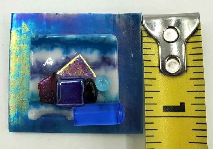 Classy Fused Glass House on Beach Pin. Blues Gold Red Brooch Blue Ocean View
