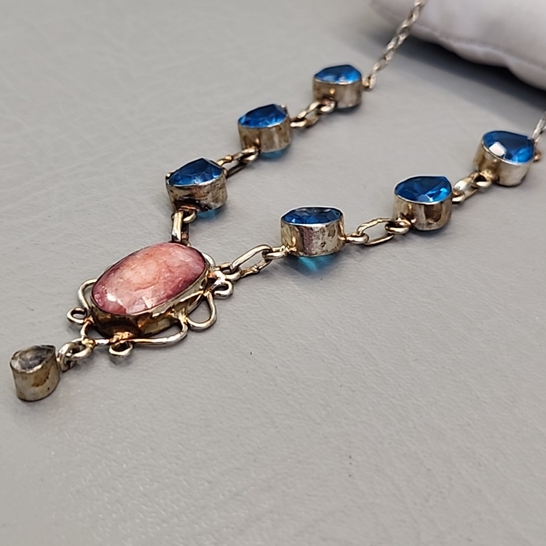 Vintage Glass Bead Necklace Blue Beads Pink Quartz Artisan Silver Tone 18.75″