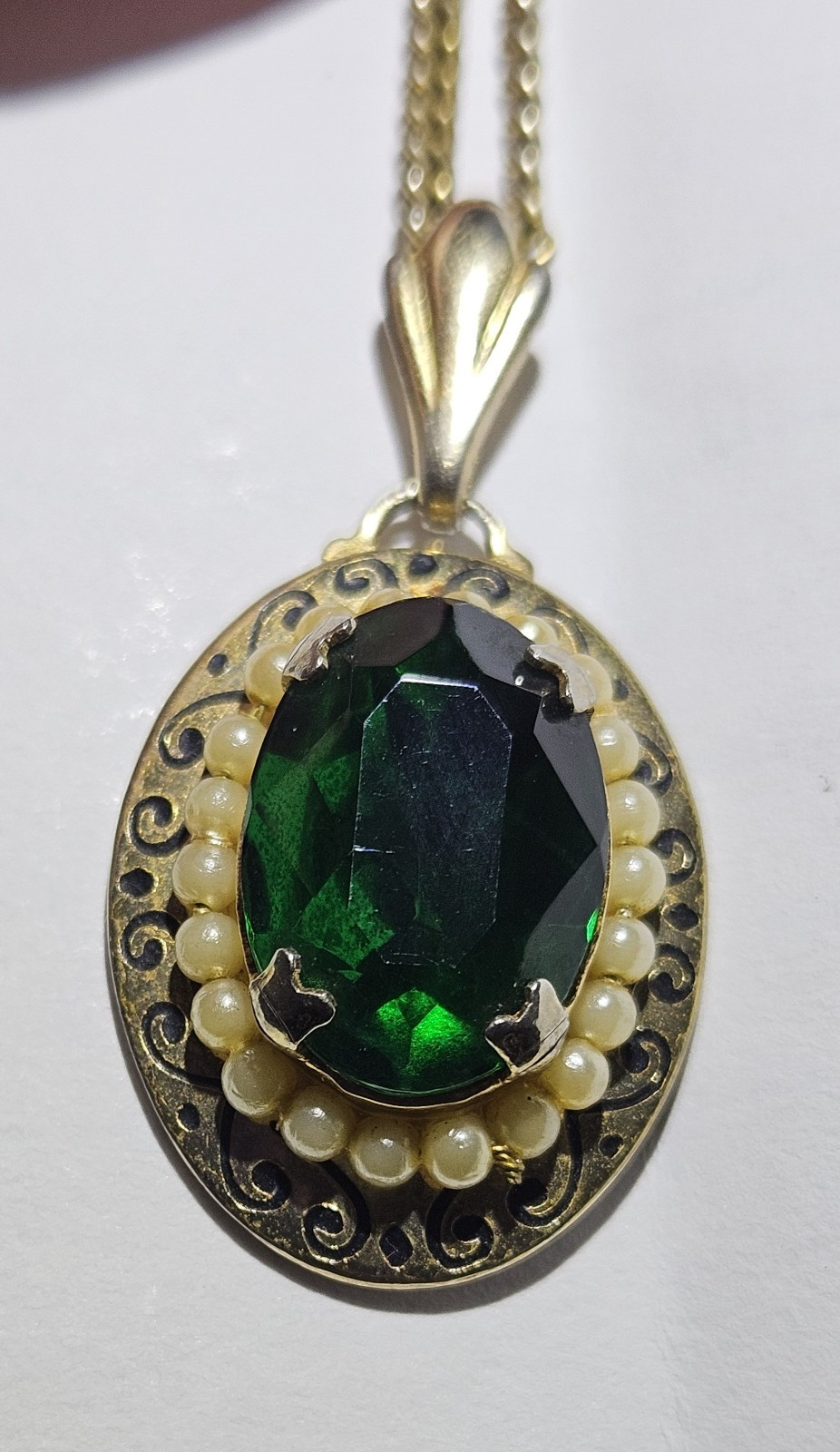 Vintage Emerald Pendant with Pearl Accents On Decorative Gold Tone