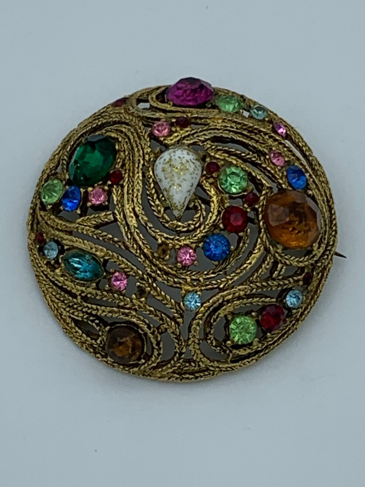 Rare Unsigned La Roco Colored Rhinestone Swirl Round Brooch (L9)