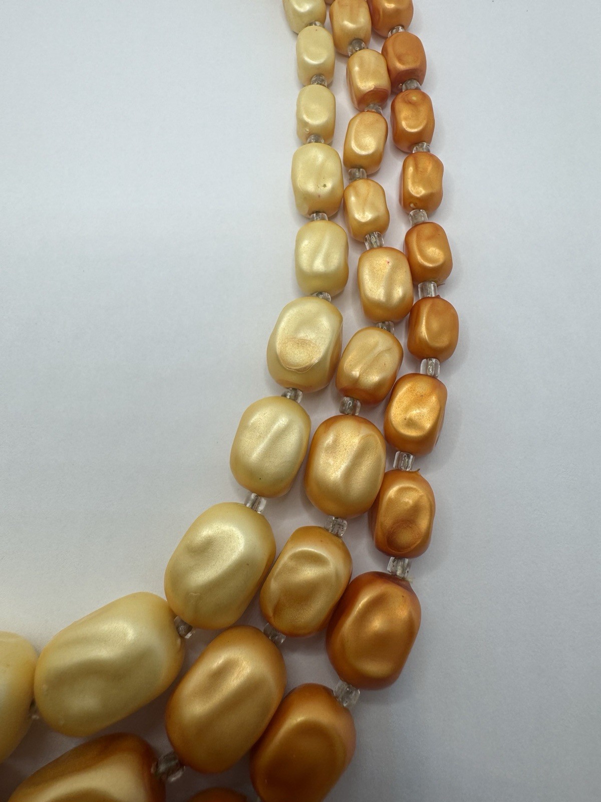 VTG 50’s Triple Strand Beaded Cream Gold Orange Faux Pearl Necklace HONG KONG
