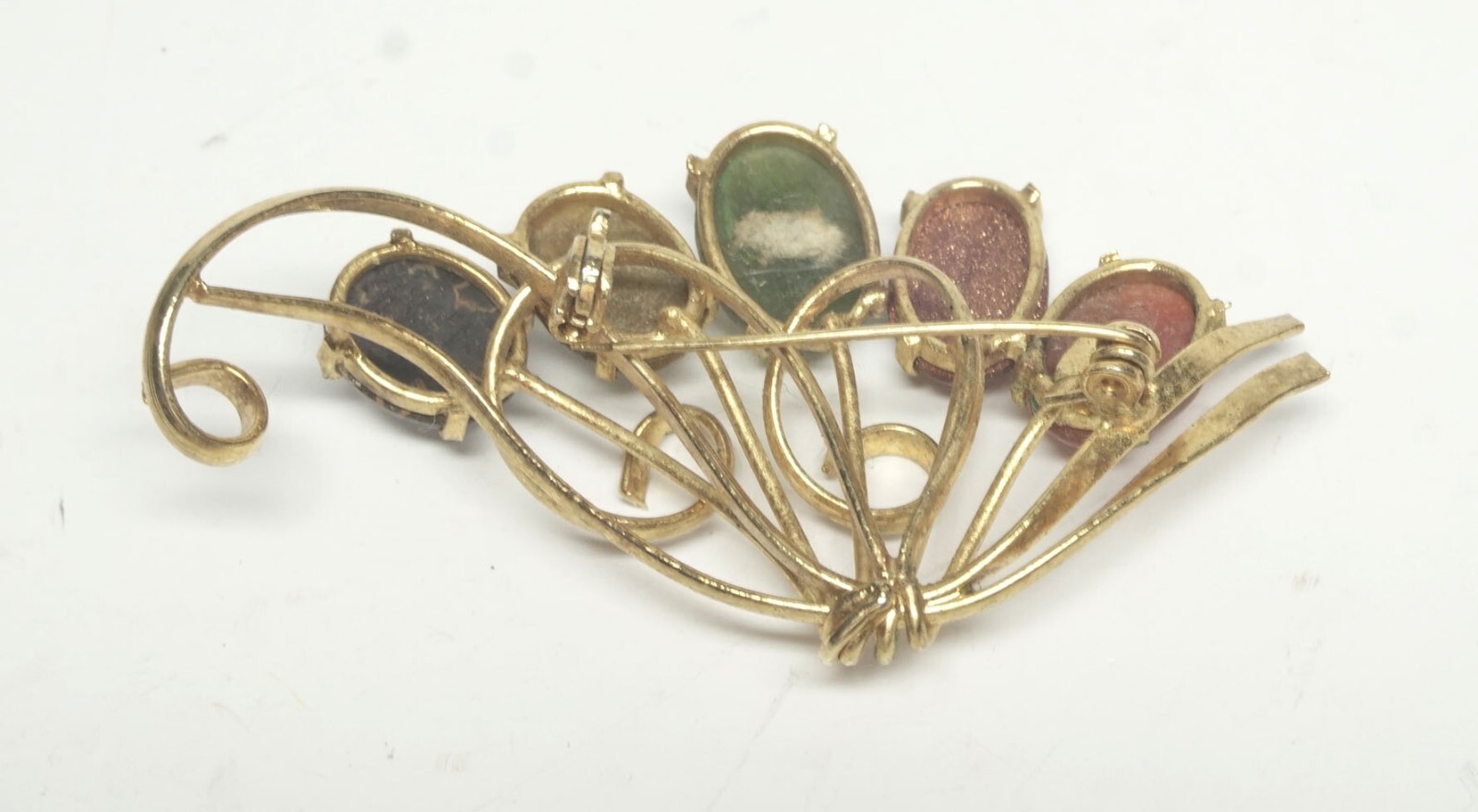 Vintage Gemstone Flower Wire Basket Brooch w/Jade, Tigers Eye, Gold Stone +
