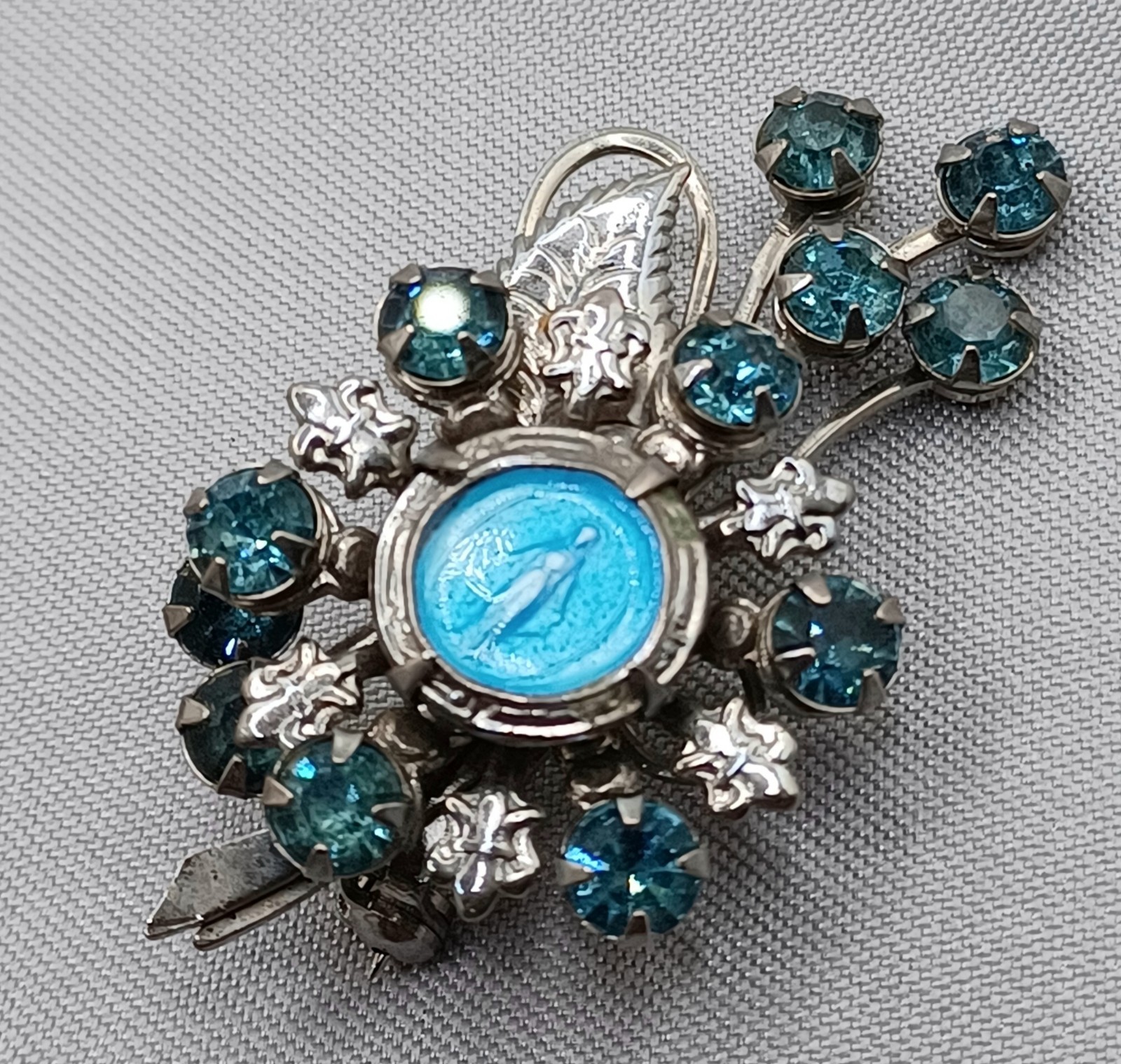 Vintage Virgin Mary Brooch Silver Tone Blue Enamel Mary Pale Blue Rhinestones
