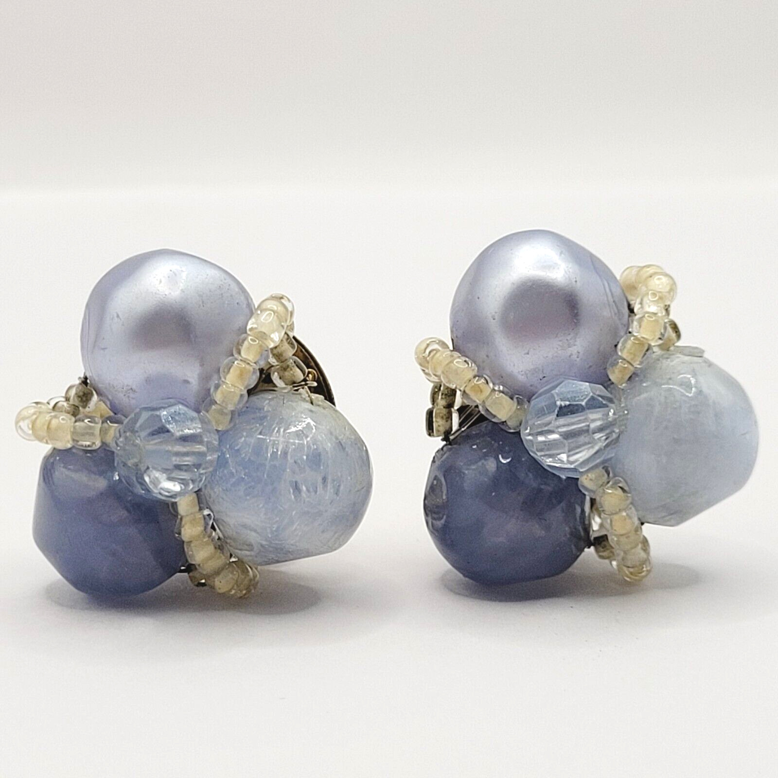 Blue Tones Lucite and Seed Bead Cluster Clip On Earrings 1950s 1960s W Germany
