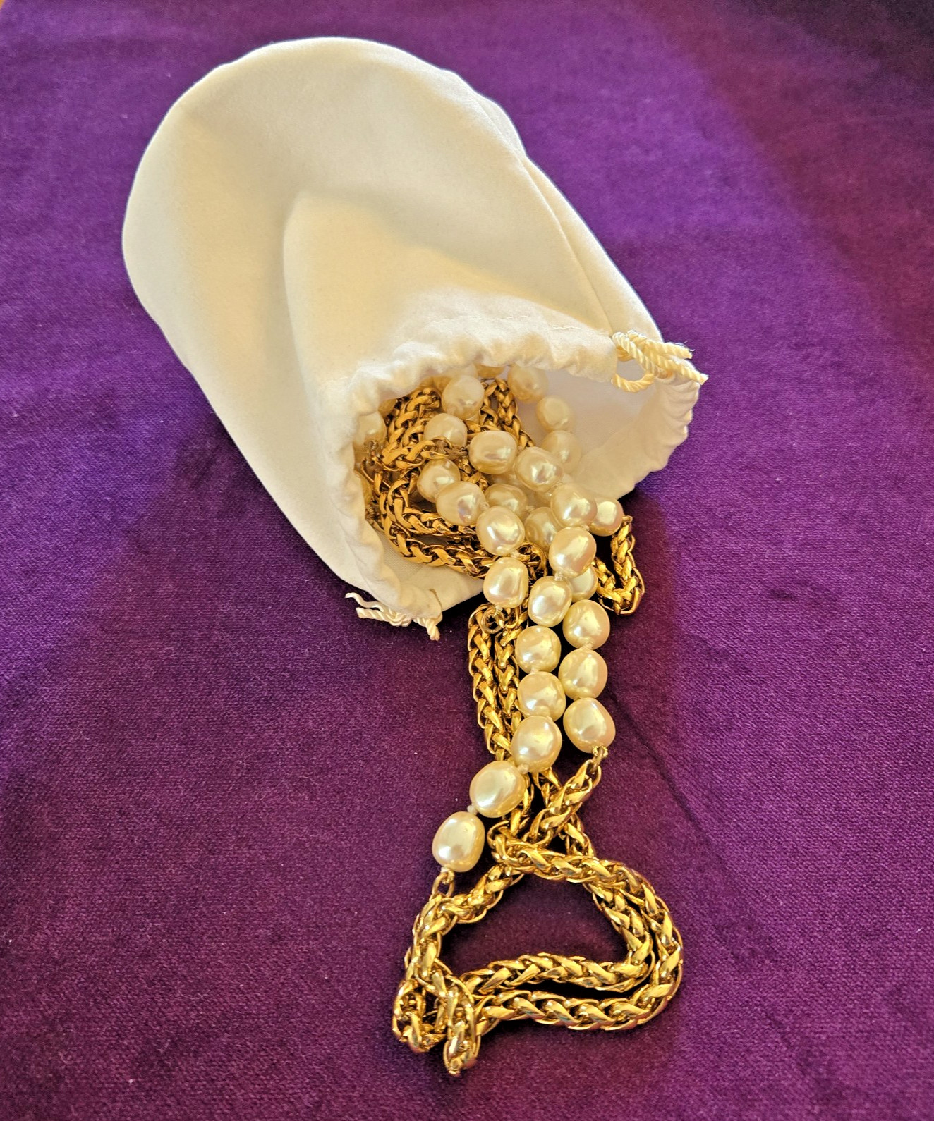 Very Long Endless Pearl and Gold spiga wheat Chain Necklace 80″