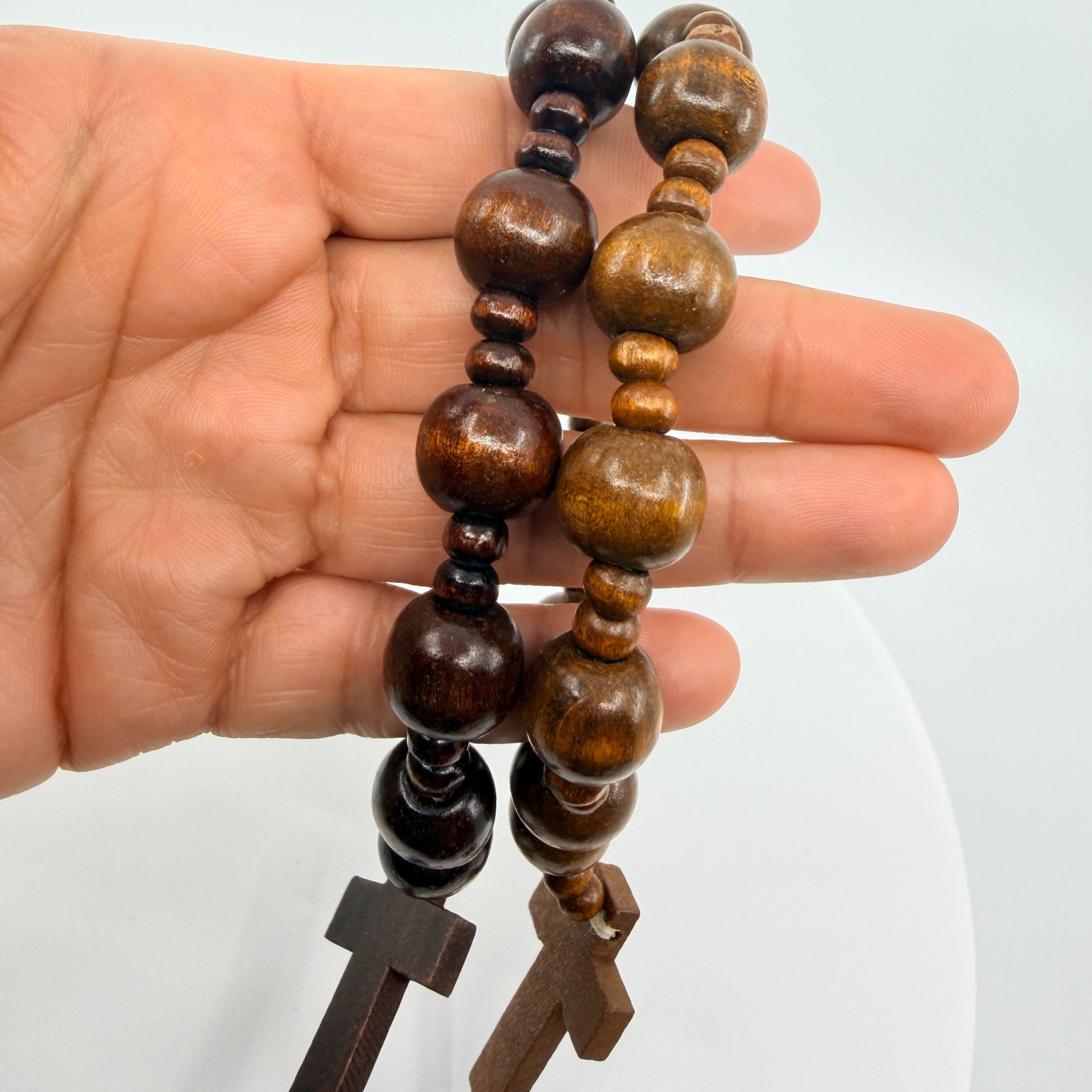 Vintage Brown Wood Beaded Rosary Silver Tone Jesus Crucifix Catholic Prayer 90s