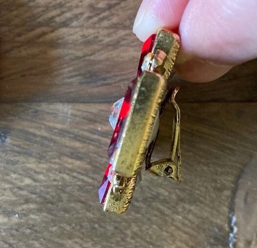vintage Maltese cross clip-on earrings ruby red clear gems gold metal GEM-CRAFT