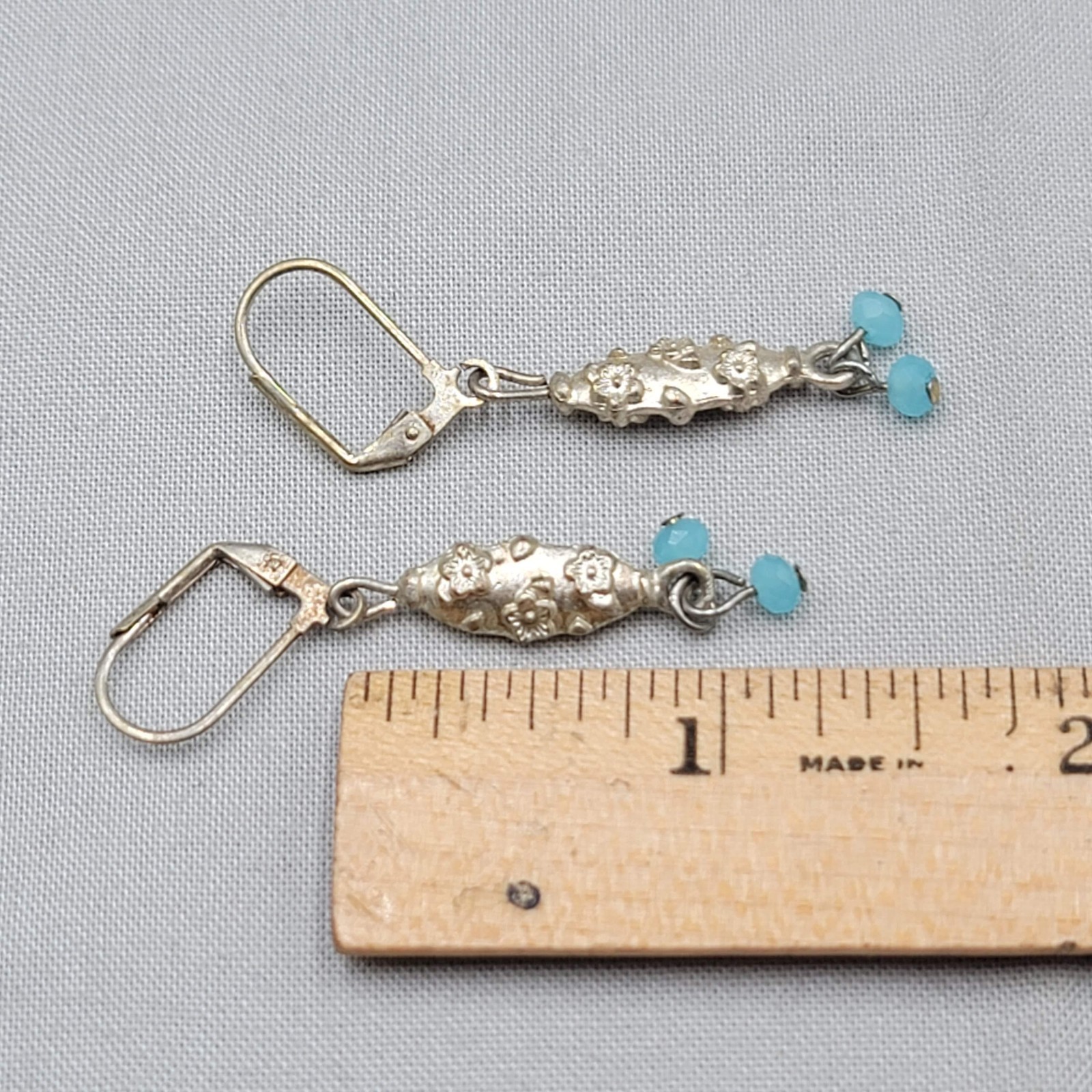 Vintage Blue Crystal Pierced Earrings Silver tone Embossed Dangle 1.25″