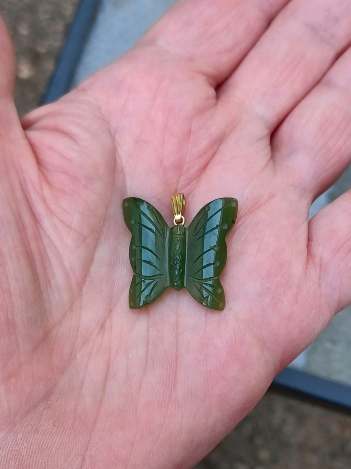 Vintage Carved Jade Butterfly Pendant 1/20 12K Gold Filled Bail