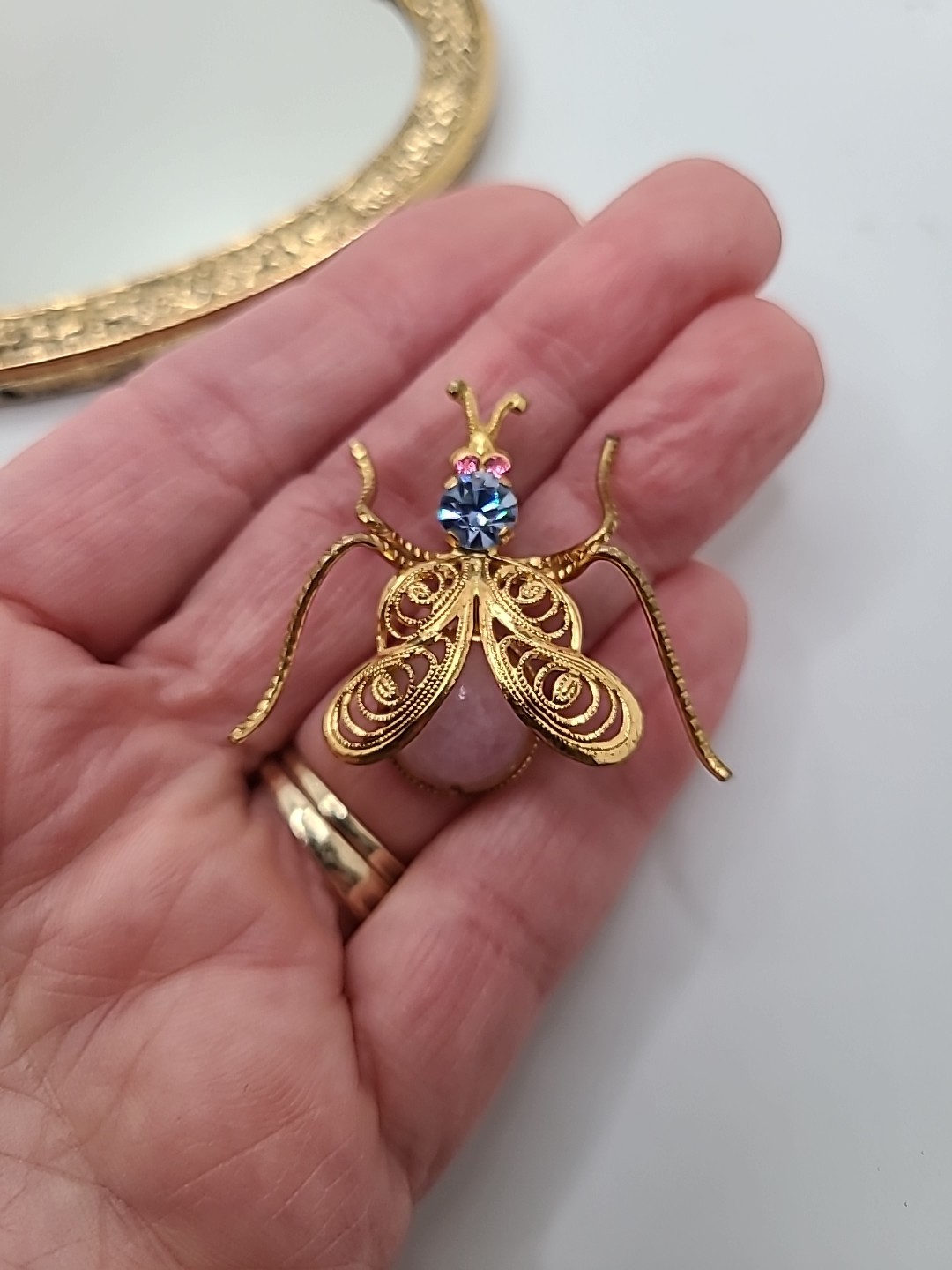 Vintage Goldtone Filagree Rhinestone Pink Blue Winged Bug Insect Brooch