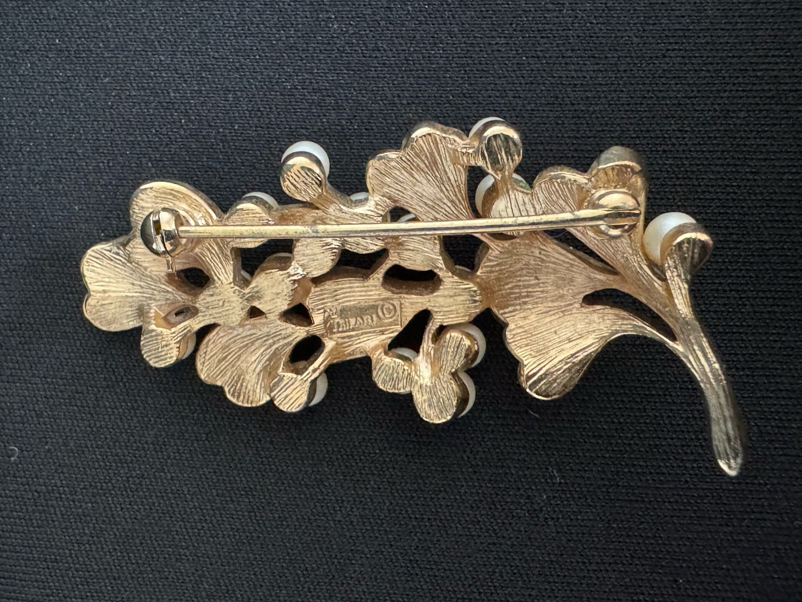 Vintage Crown Trifari Faux Pearl Berry Leaf Spray Brooch Gold Tone Textured Pin