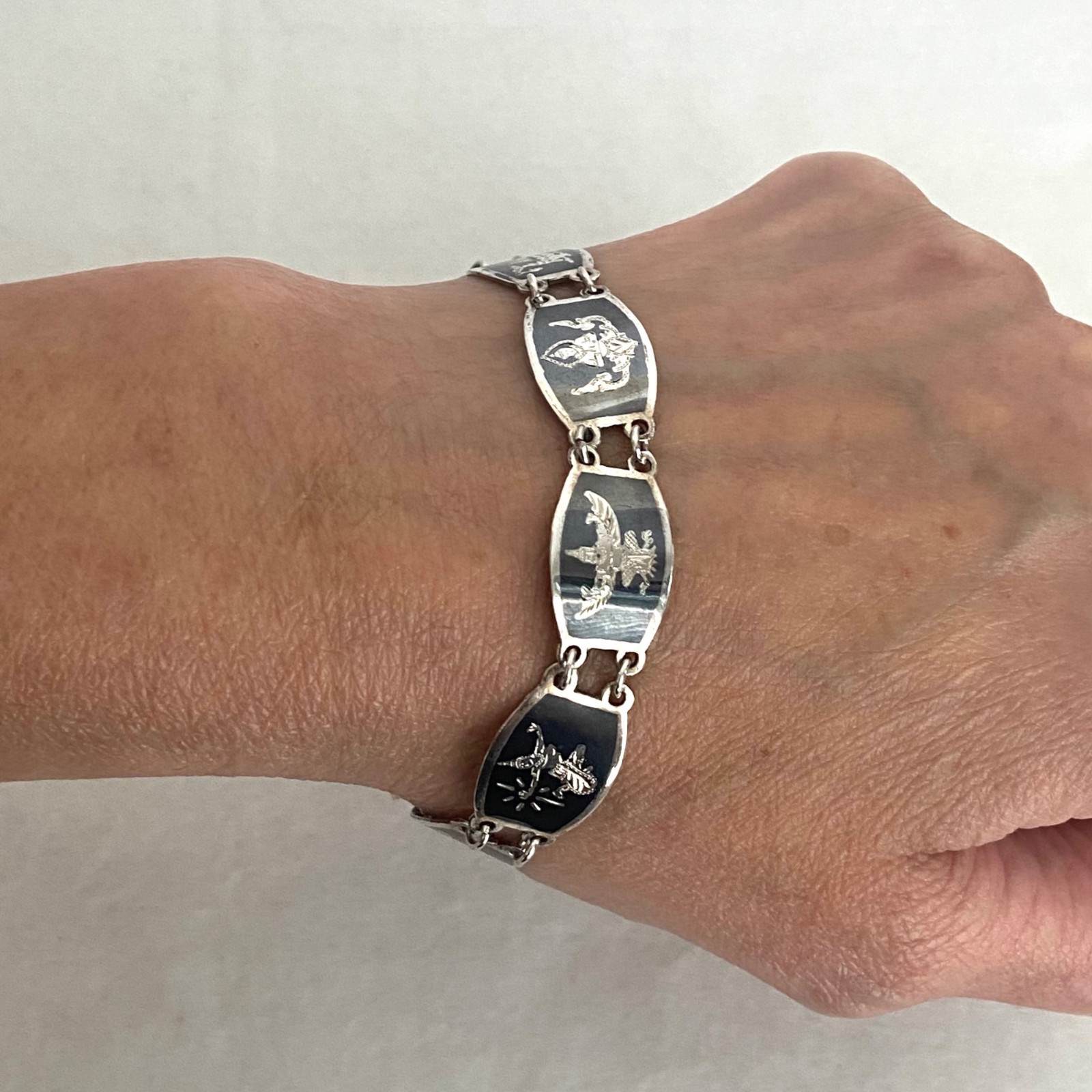 Signed SIAM Thai Sterling Silver 925 Black Niello Garuda Panel Bracelet 6.75″
