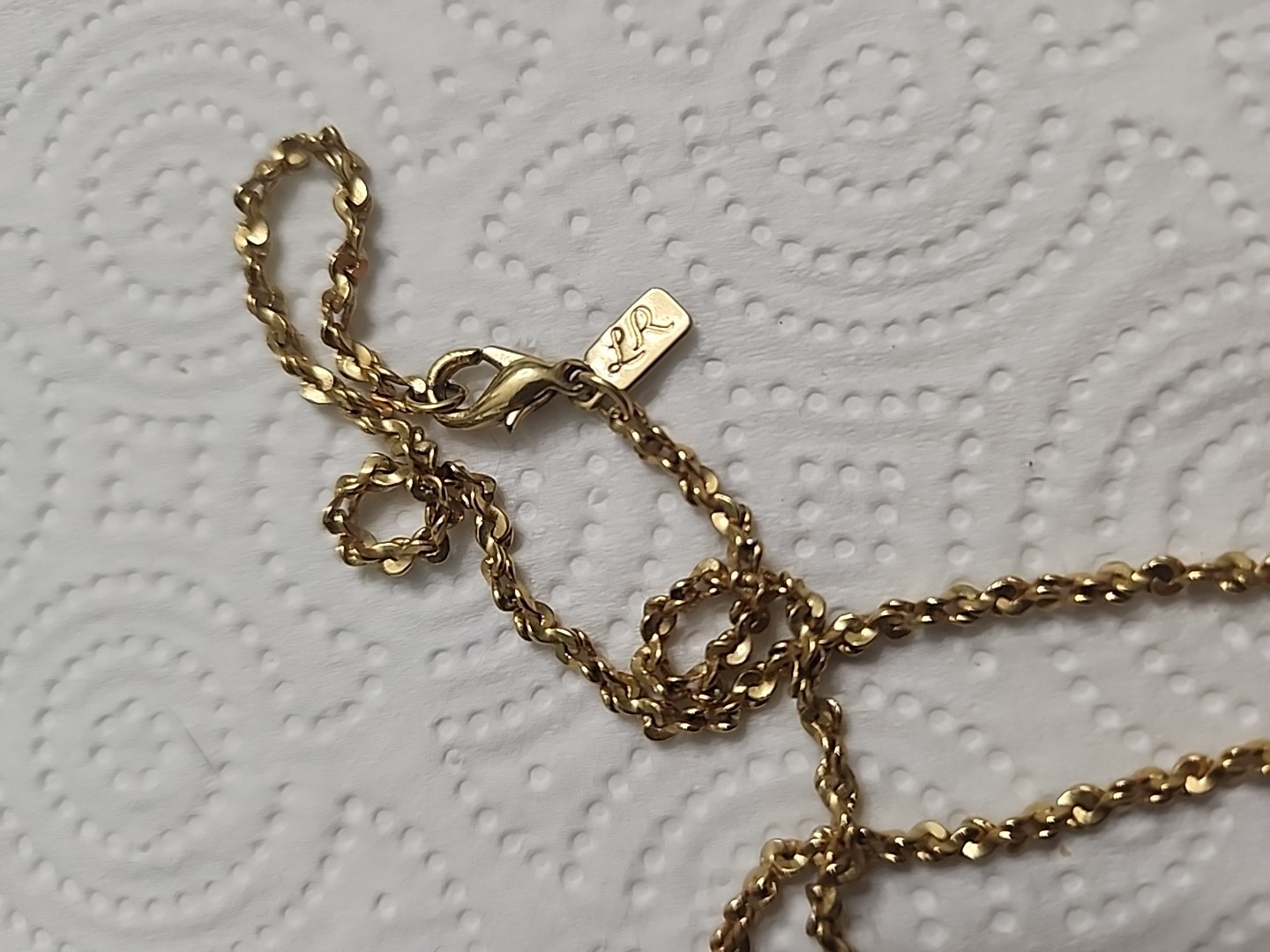 Signed LR Necklace with Millefiore Style Pendant Gold Tone With Chain