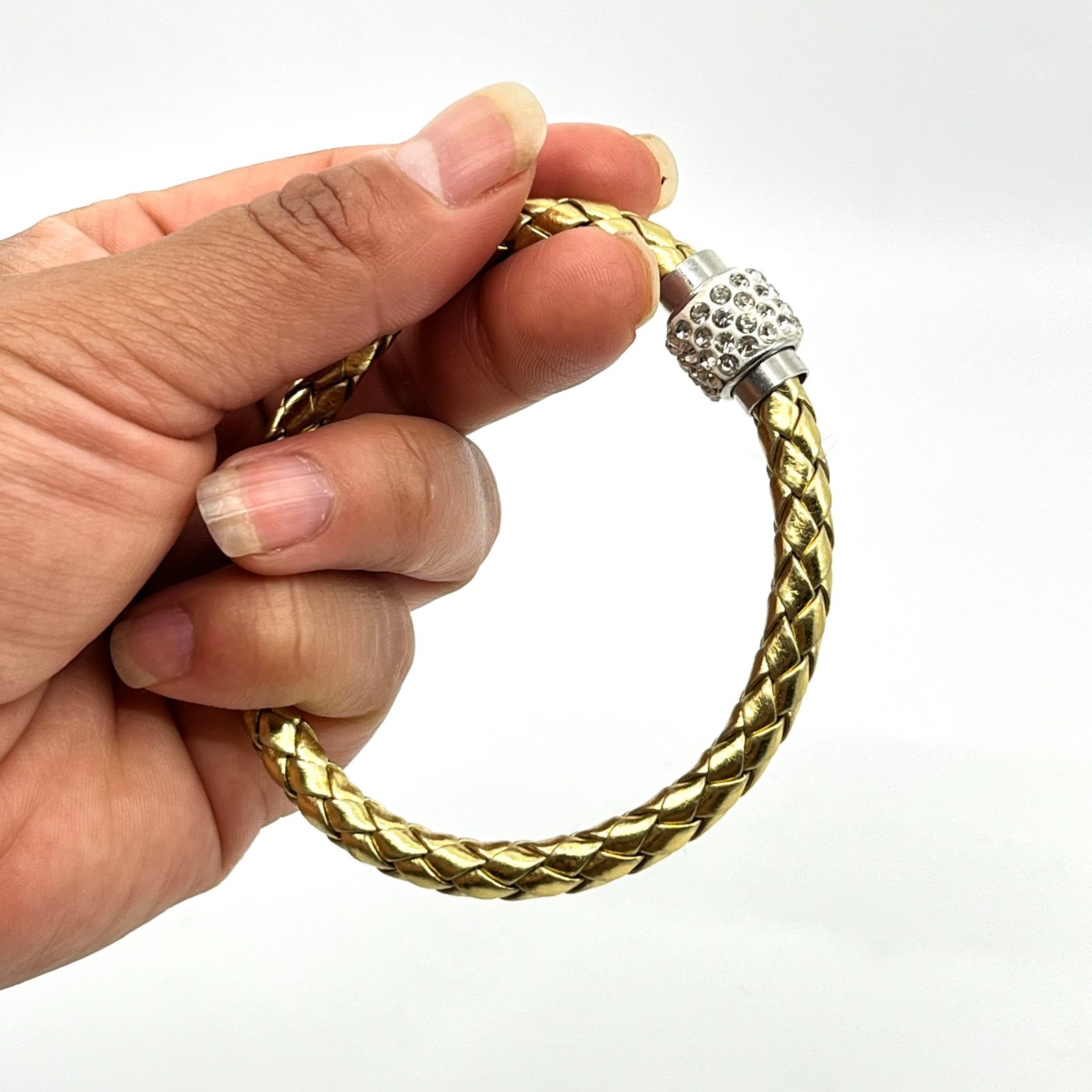 VTG Metallic Gold Tone Braided Faux Leather Bracelet Rhinestone Magnetic Clasp