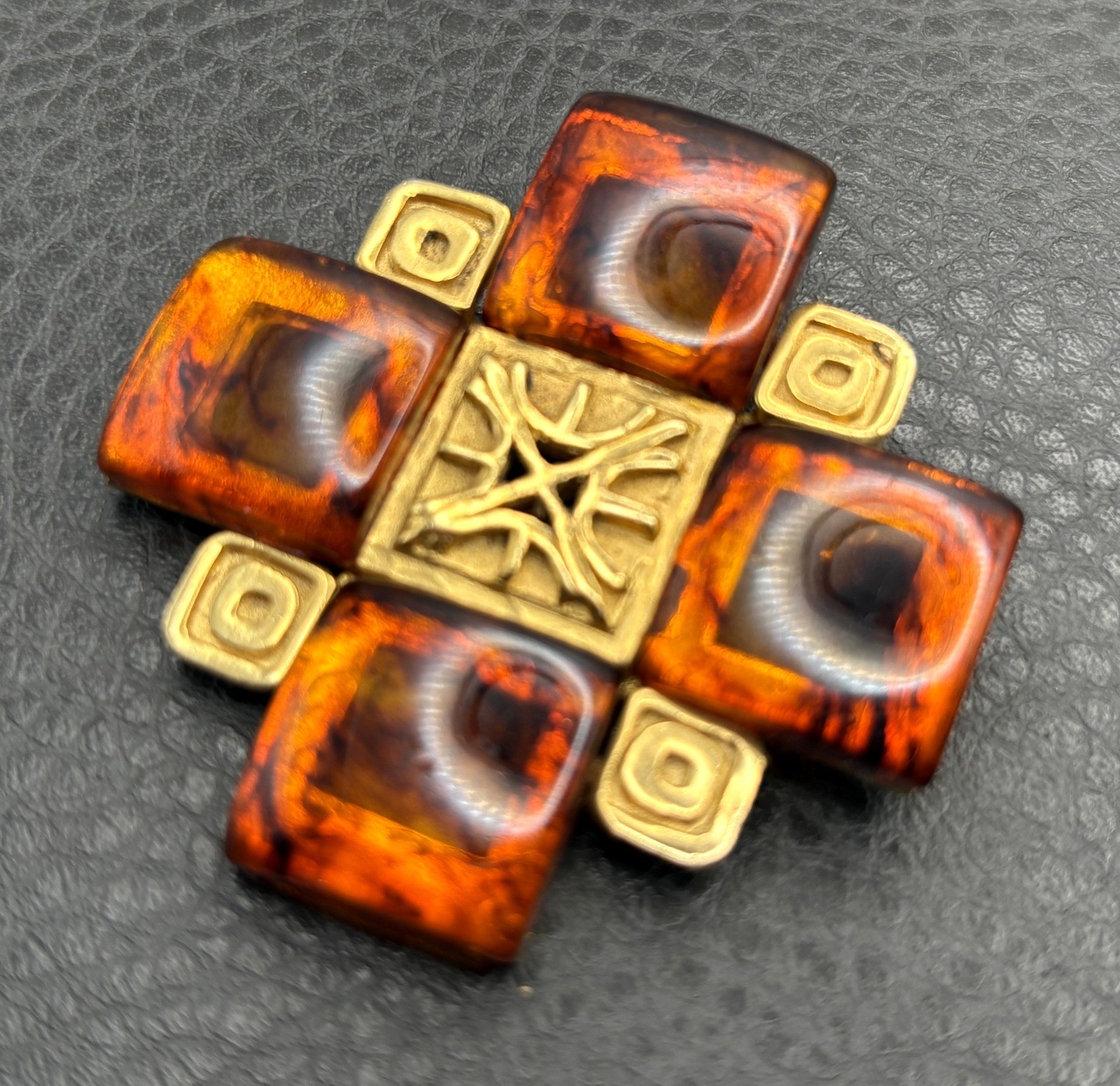 Vintage HUGE 80s Gold Tone Faux Amber Maltese Cross Brooch Pin Statement Piece