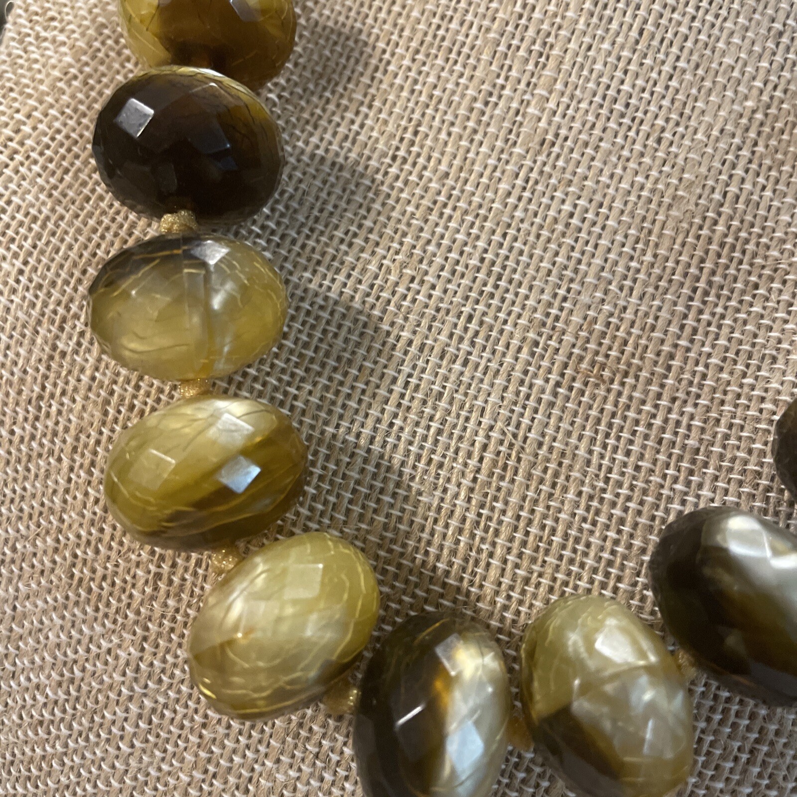 Hand Knotted Faceted Tiger Eye Beaded Necklace Lobster Closure Gold Tone Vintage