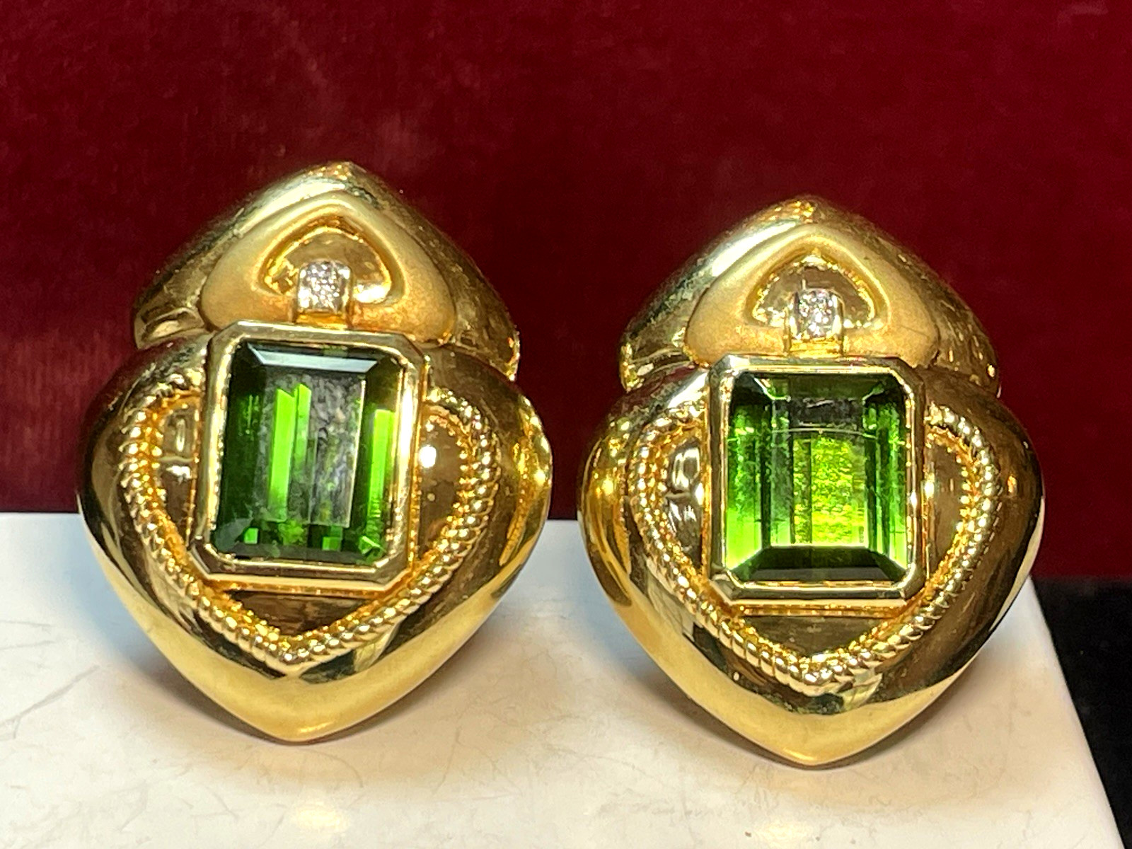 18K GOLD GREEN TOURMALINE & DIAMOND EARRINGS SIGNED OMEGA 23grs APPRAISAL $5,000