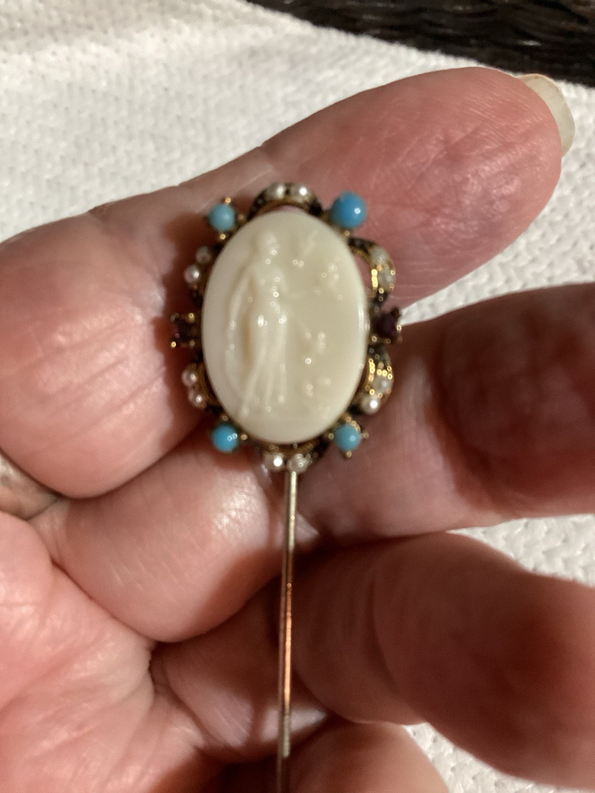 Vtg. Milk Glass Cameo Stick Pin Blue Purple Stones And Faux Pearls