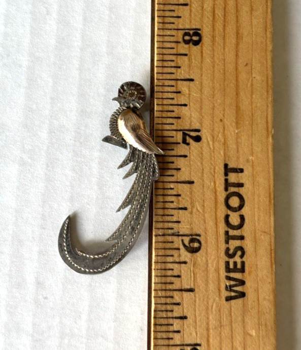 900 Sterling Guatemala QUETZAL BIRD Pin, 10k Rose Gold Wing, 2g, 1870, 1.75″