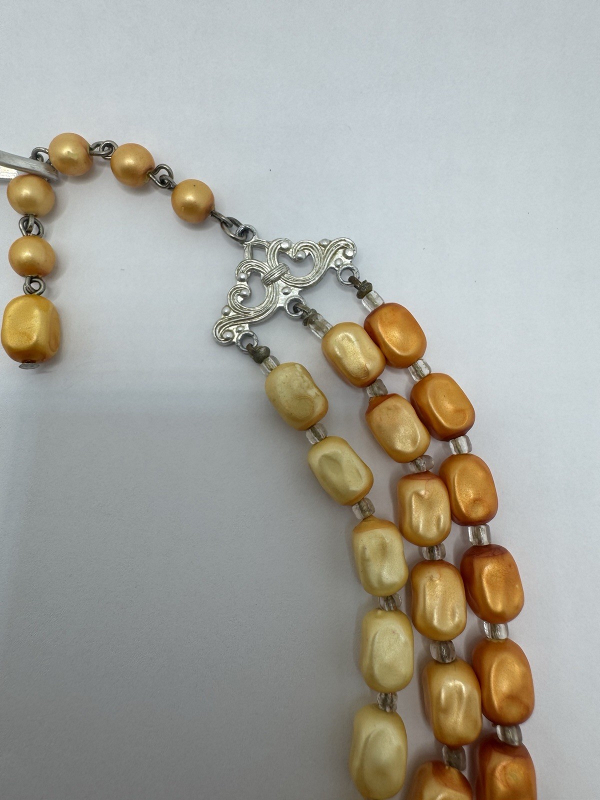 VTG 50’s Triple Strand Beaded Cream Gold Orange Faux Pearl Necklace HONG KONG