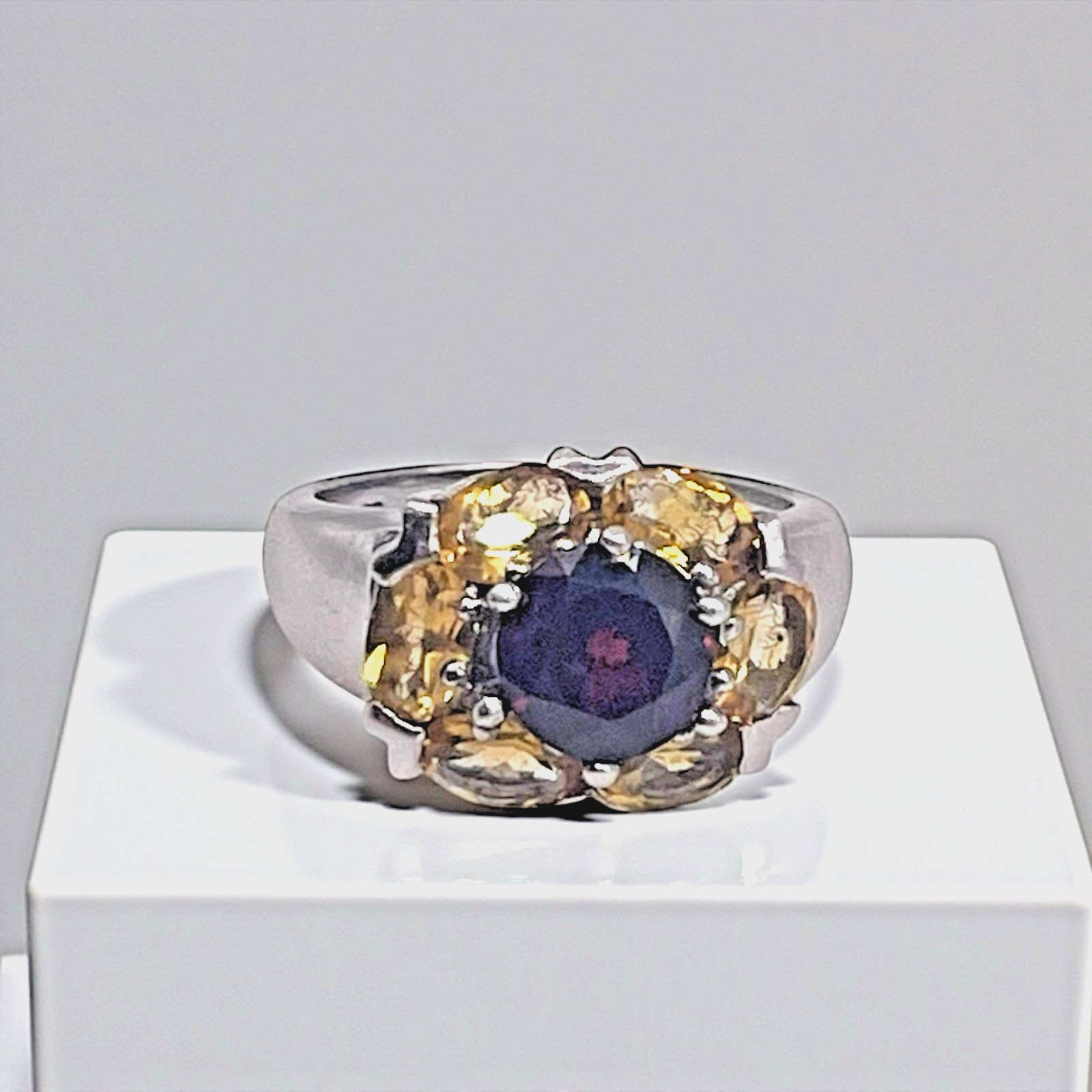 Estate Red & Yellow CZ Cluster 925 Sterling Silver Cocktail Ring, size 7