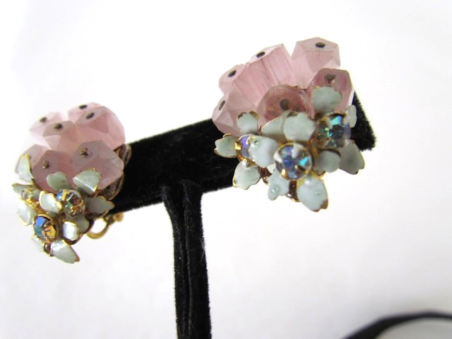 Vintage Sandor Earrings Rose Quartz Floral Cluster Enamel AB Rhinestones RARE