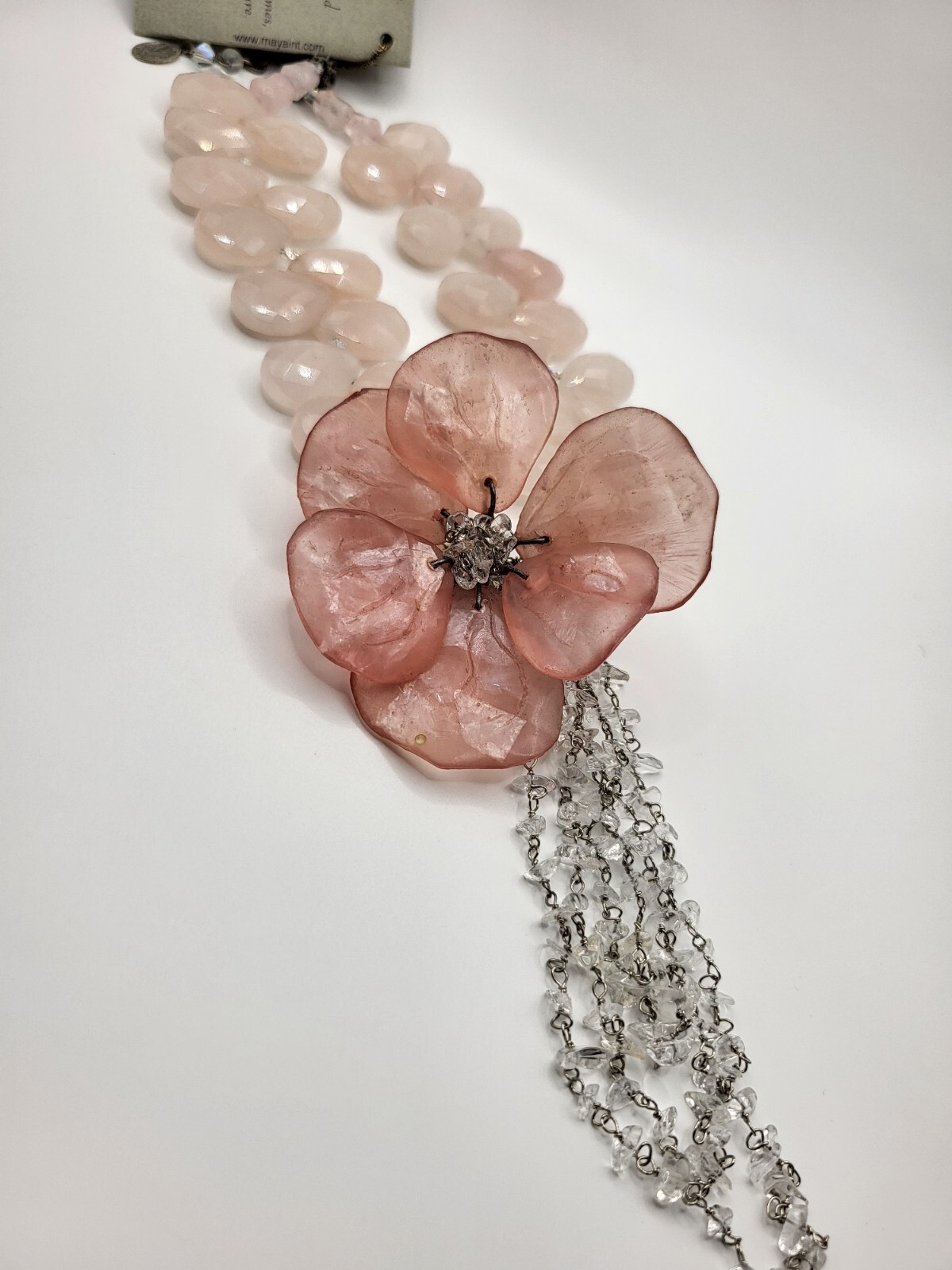 STUNNING Vintage MAYA Faceted Rose Quartz Rock Crystal Large Flower Necklace