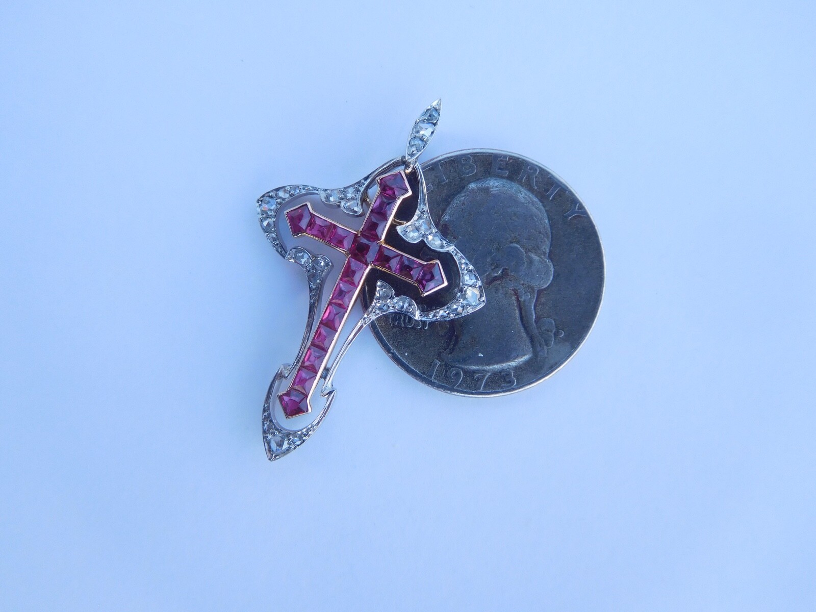 Belle Époque Art Nouveau 18K Rose Gold Platinum Diamonds Rubies Cross Pendant 🥀