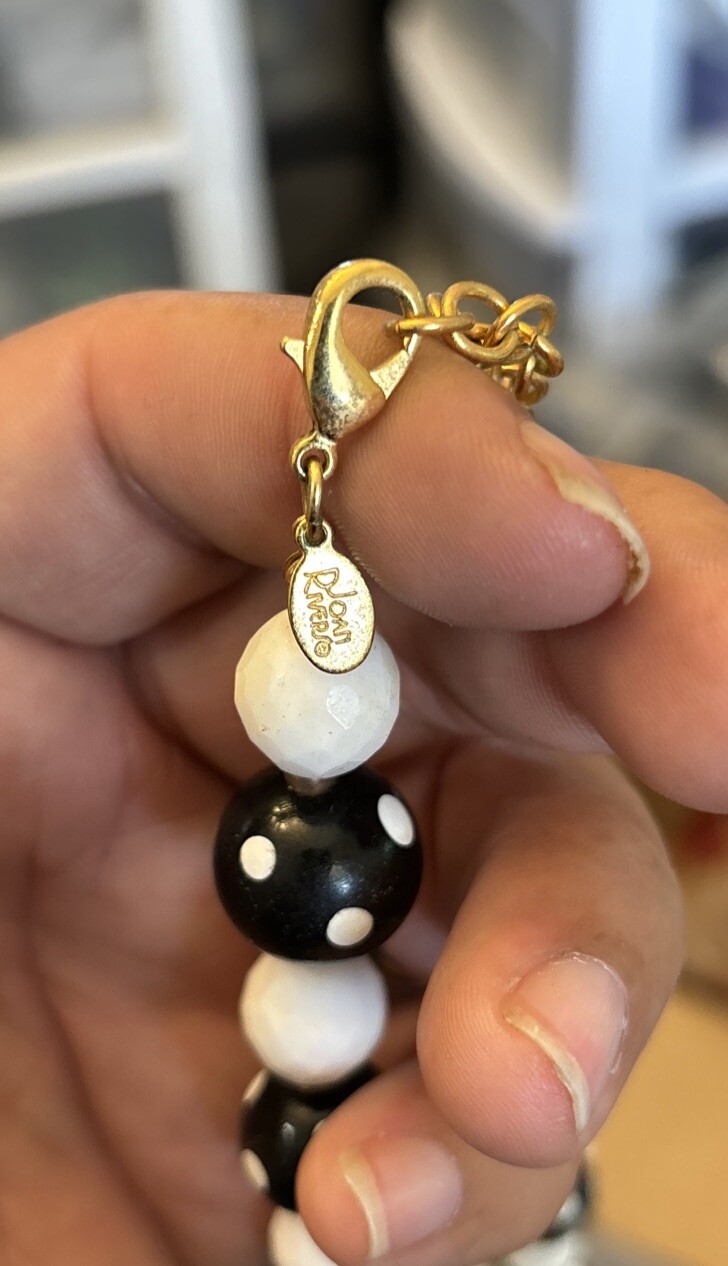 Vintage Signed Joan Rivers White Black Polka Dot Necklace 30-33”