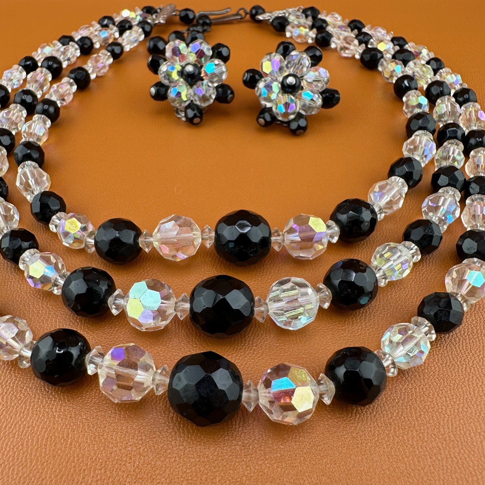 Vintage AB Crystal Bead Necklace Earrings Set Triple Strand Black & Clear 15″