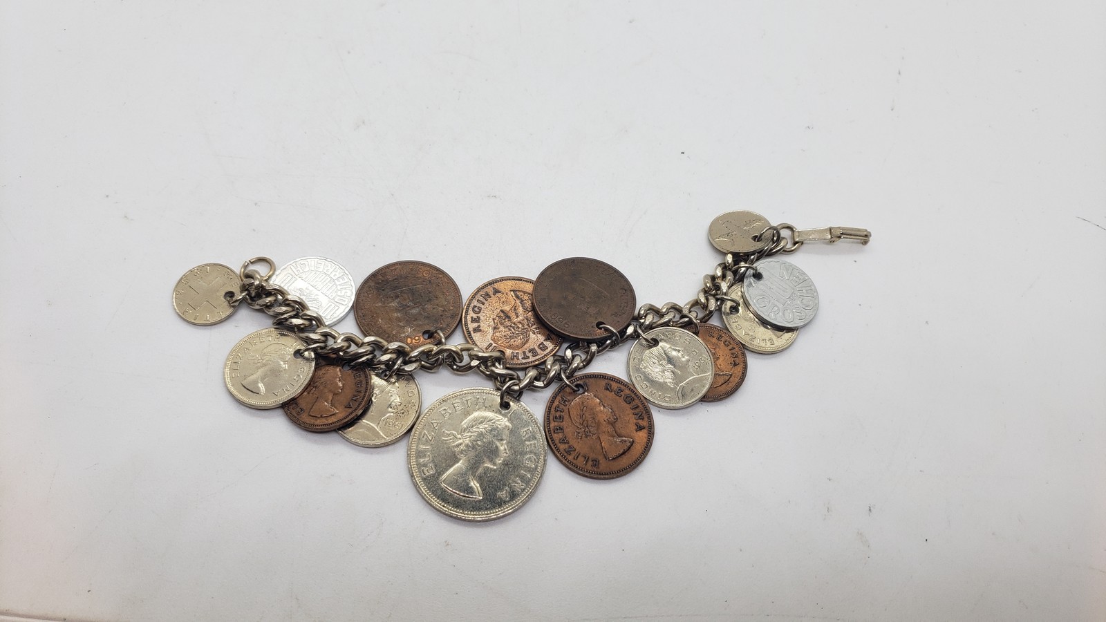 Vintage Coin Charm Bracelet Souvenir Mixed Coins Queen Elizabeth Regina Collect