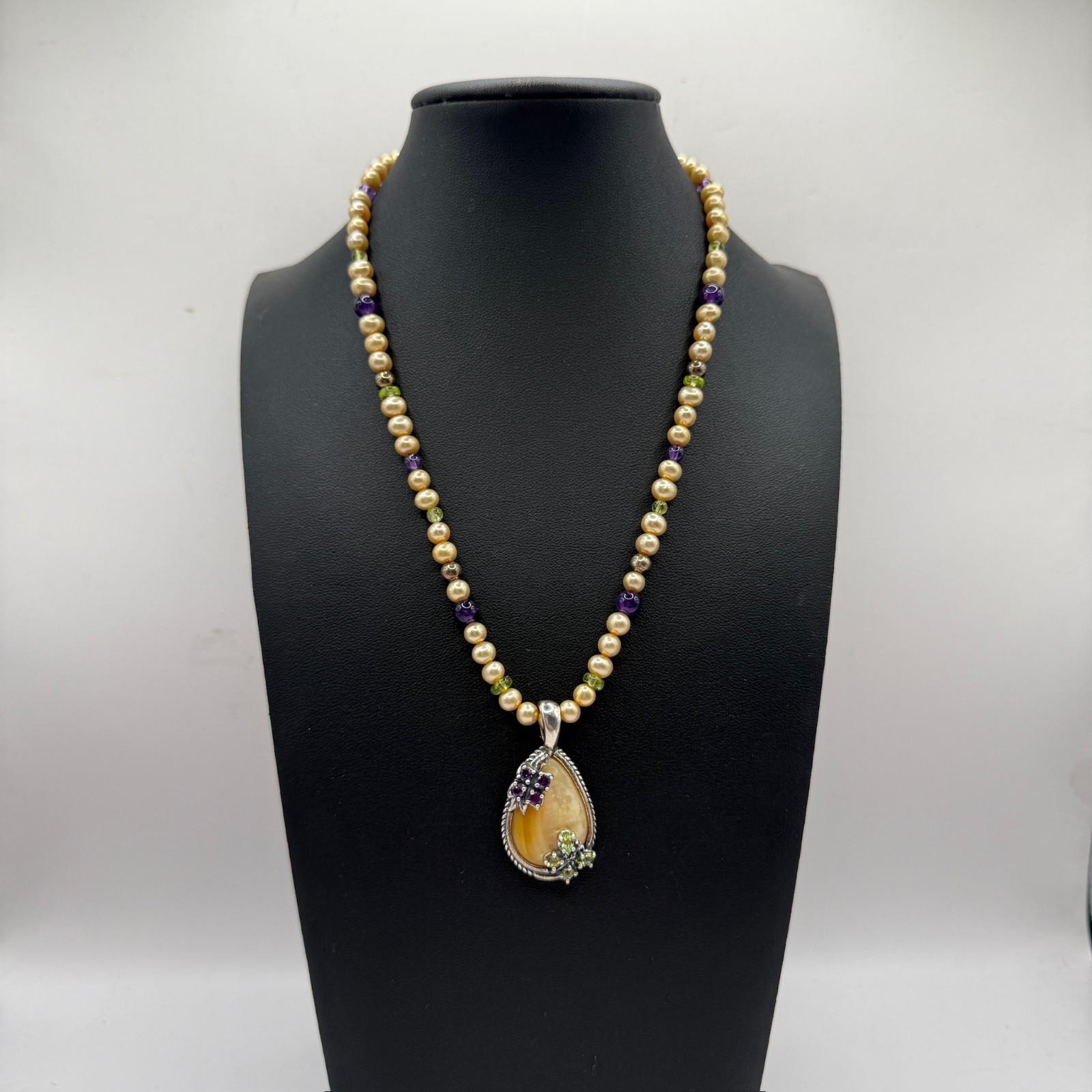 VTG Carolyn Pollack Gold MOP Peridot Amethyst Beaded Pendant Necklace 925 Silver