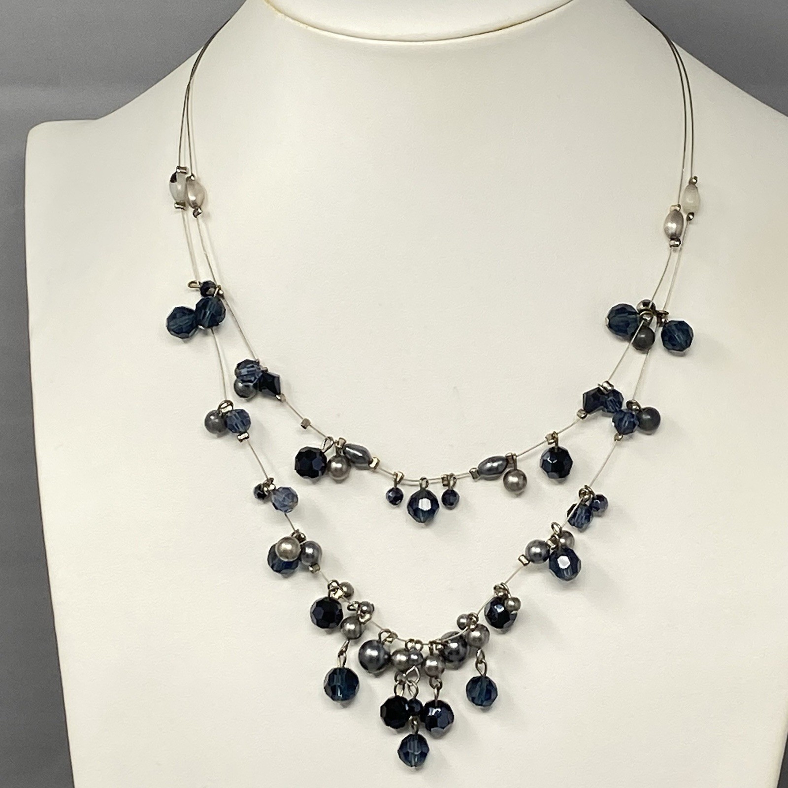 Glass Bead Fringe Necklace Blue Gray Station Layered Collar Memory Wire 19″