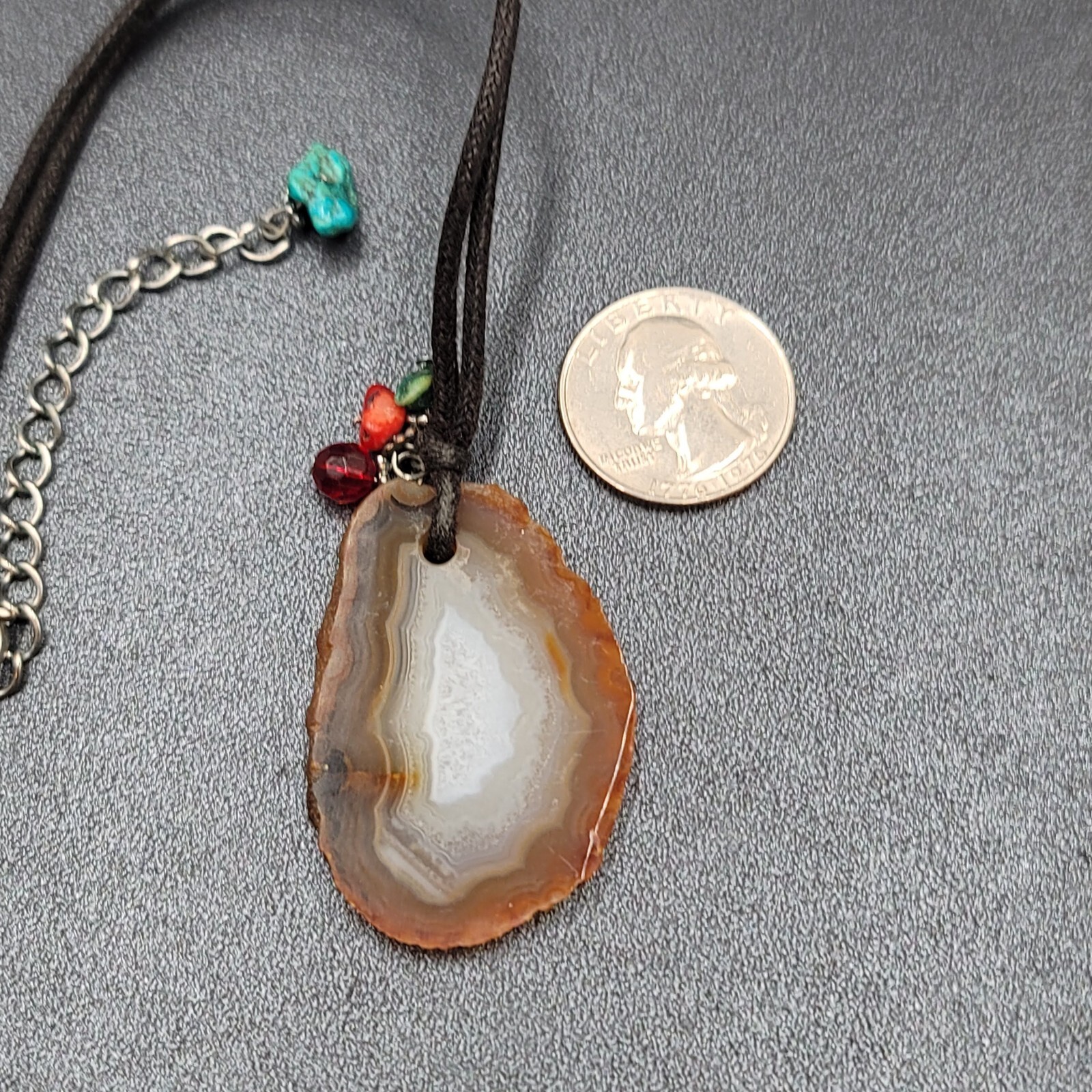 Banded Agate Geode Slice Pendant Necklace Beads Black Cord 15″-18″