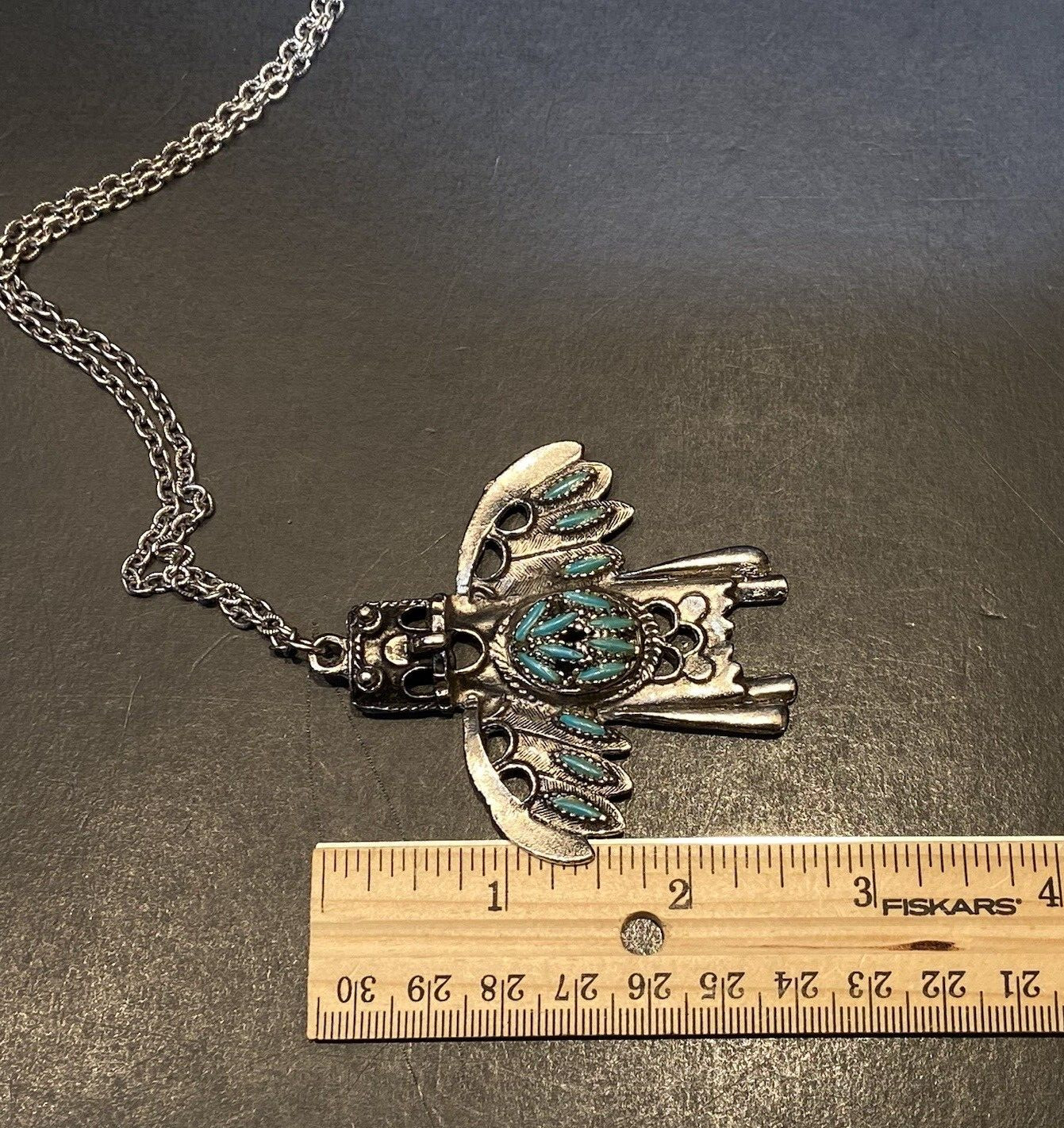 VTG Thunderbird Kachina Pendant Necklace Faux Turquoise Silver Tone Southwestern