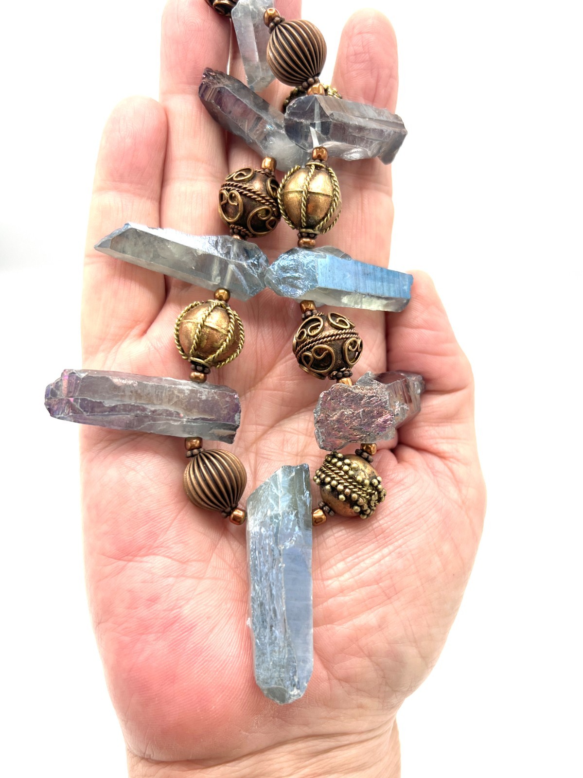 Artisan Raw Crystal & Brass Tone Statement Necklace-Unique handmade Boho Design