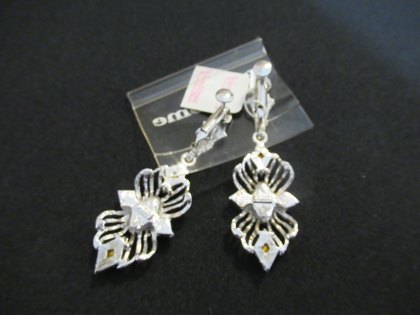 Vendome Silver Tone Rhinestone Earrings Signed Heavy Adjustable Clip on NOS