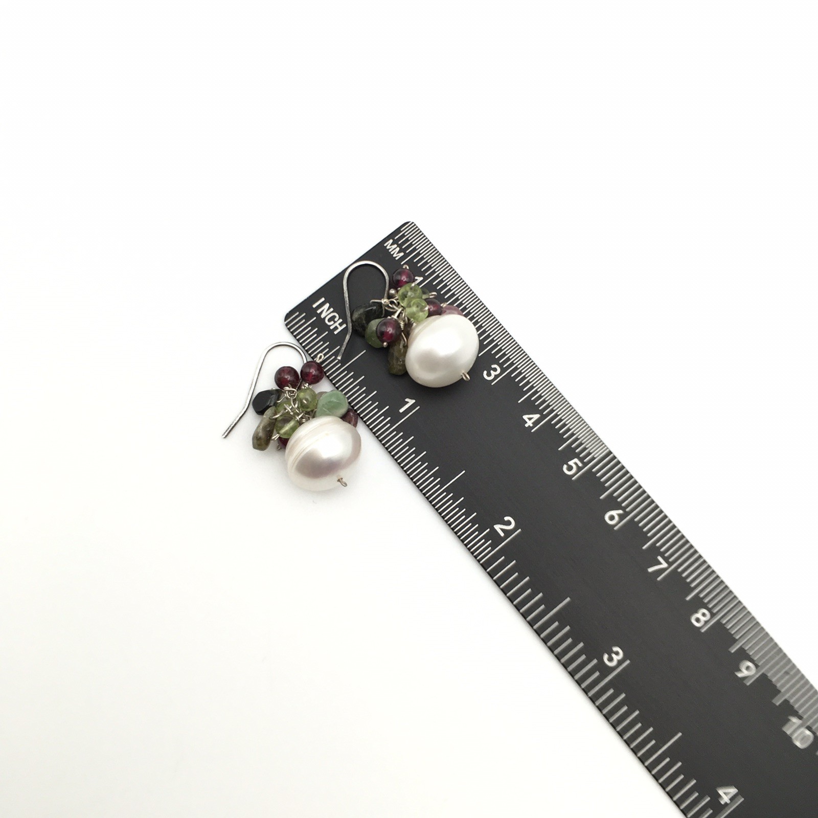 Vintage Sterling Silver Pearl Garnet Green Stone Hook Dangle Earrings 925 8g #92