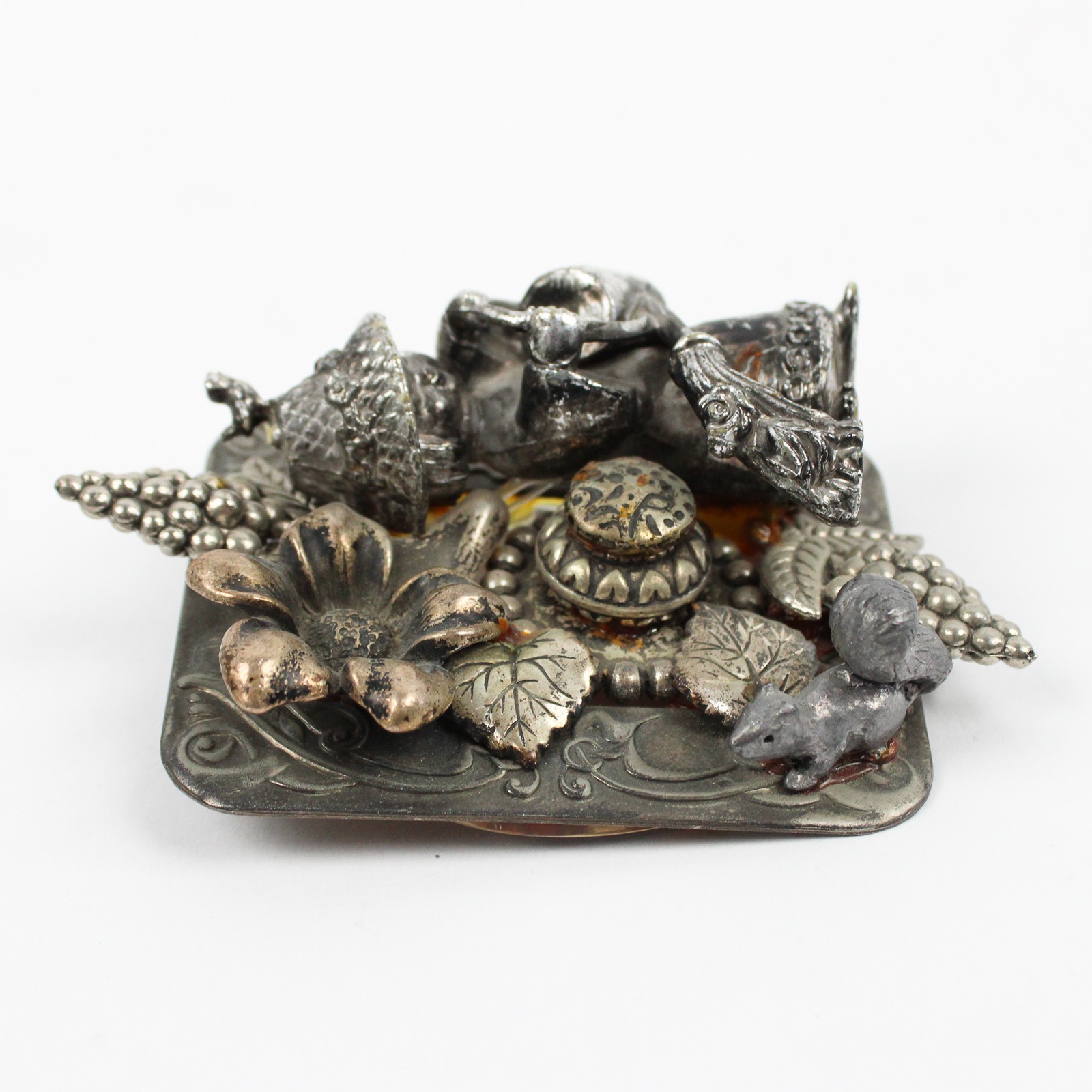 Vintage Metal Plated Girl Gardening Brooch 4″ Silver Tone Collectible
