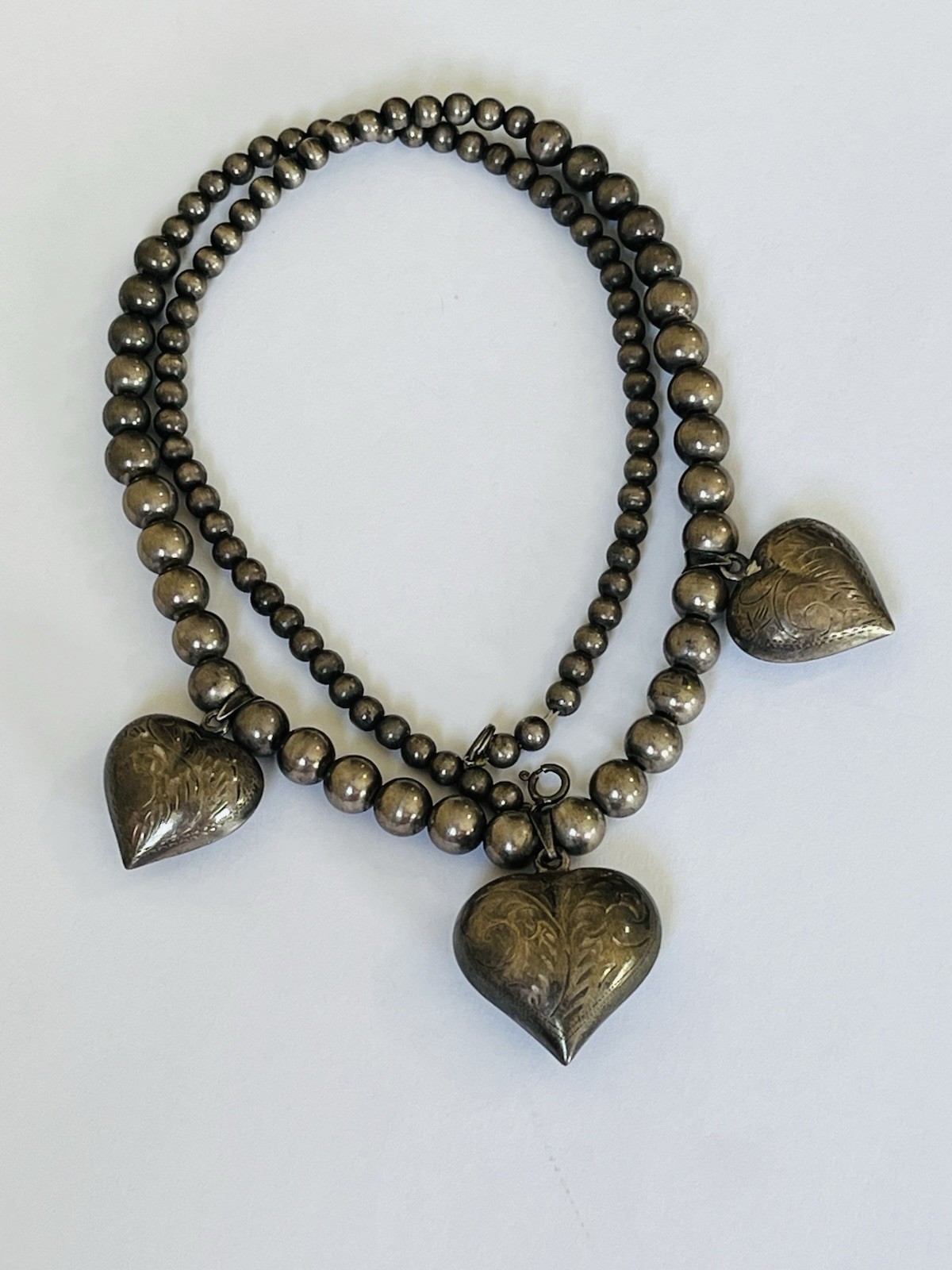 Vintage Sterling Silver Heart Charms Pendant 8MM Ball Bead Necklace 41-Grams