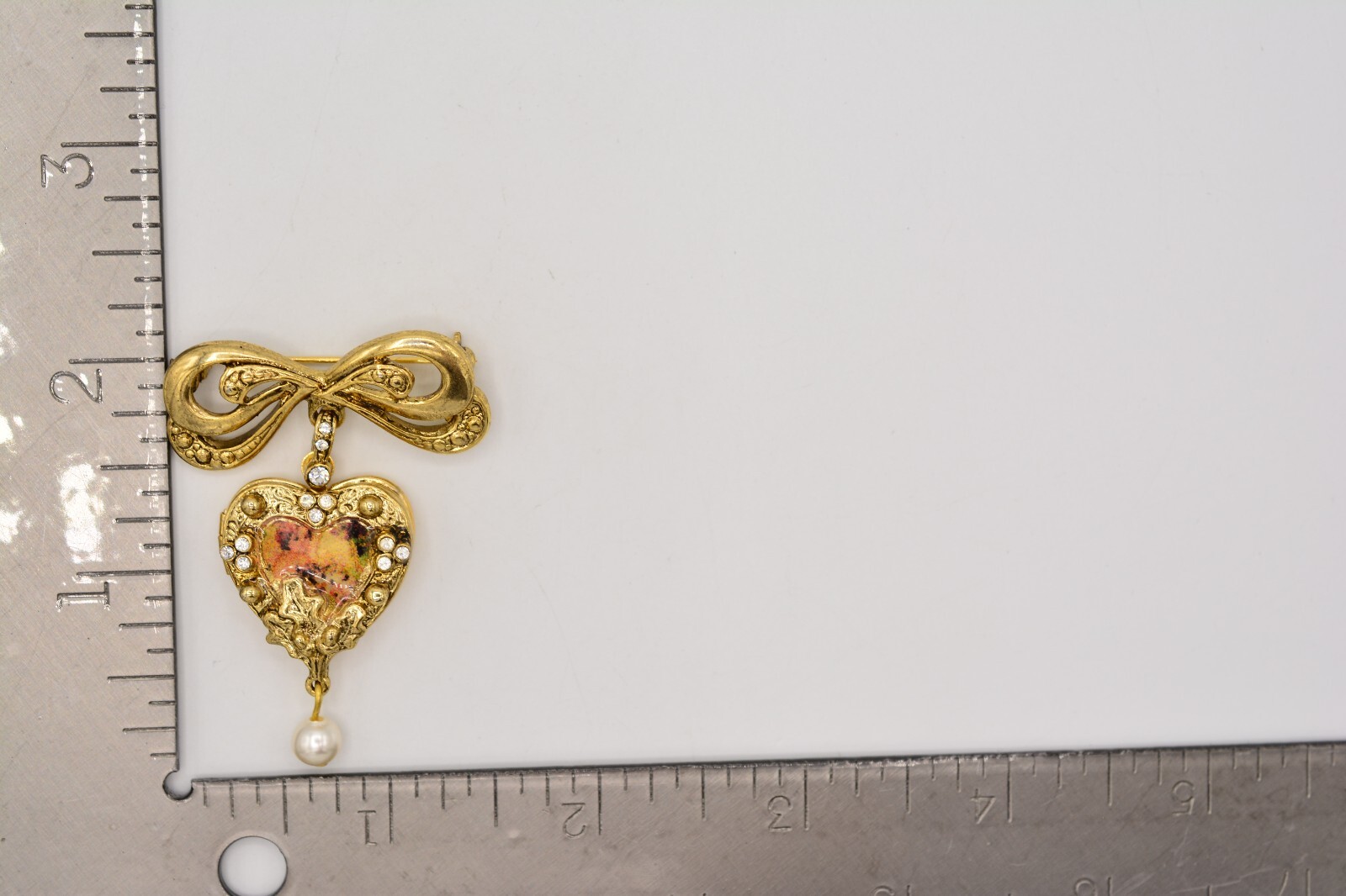 Vintage Heart Locket Pin Brooch Dangle Bow Enamel Cherub Angel Gold 1980s BinA12