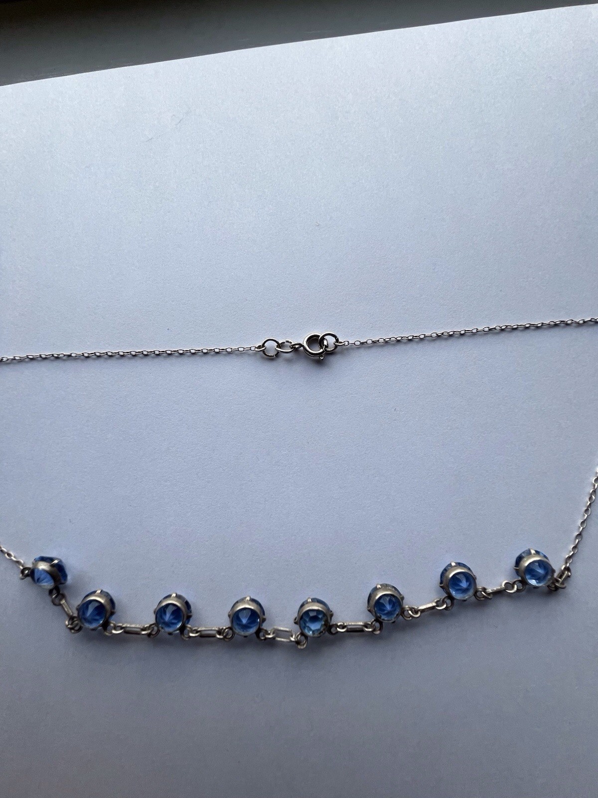 Antique Art Deco Sterling Silver Bezel Set Blue Crystal Necklace 17 Inches