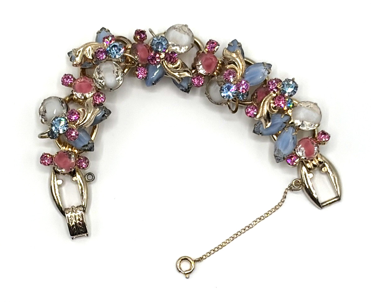 JULIANA Blue Pink White Givre w/Metal Leaves Bicolor Art Glass Bracelet Ref.#169