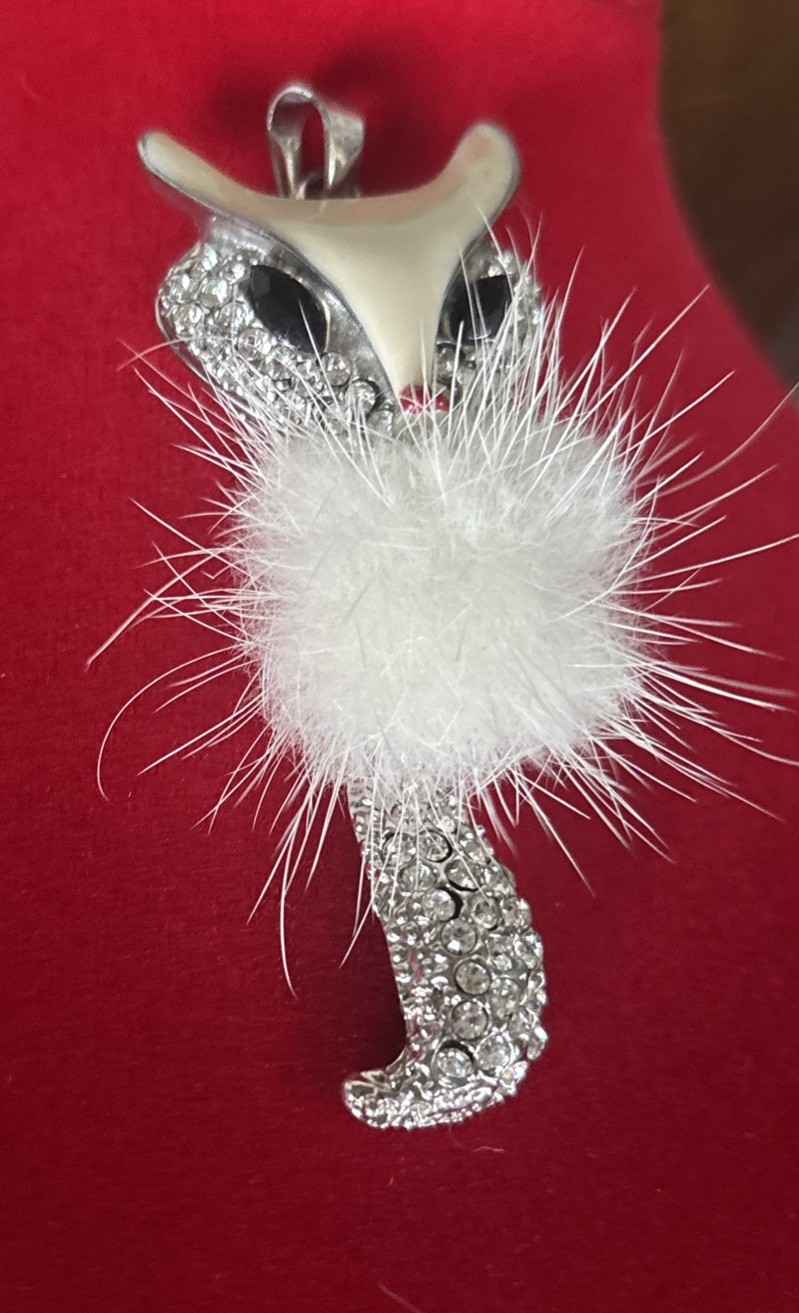 VTG Charming Charlie Fox Pendant Enamel Rhinestone Faux Fur Articulated Tail 3”